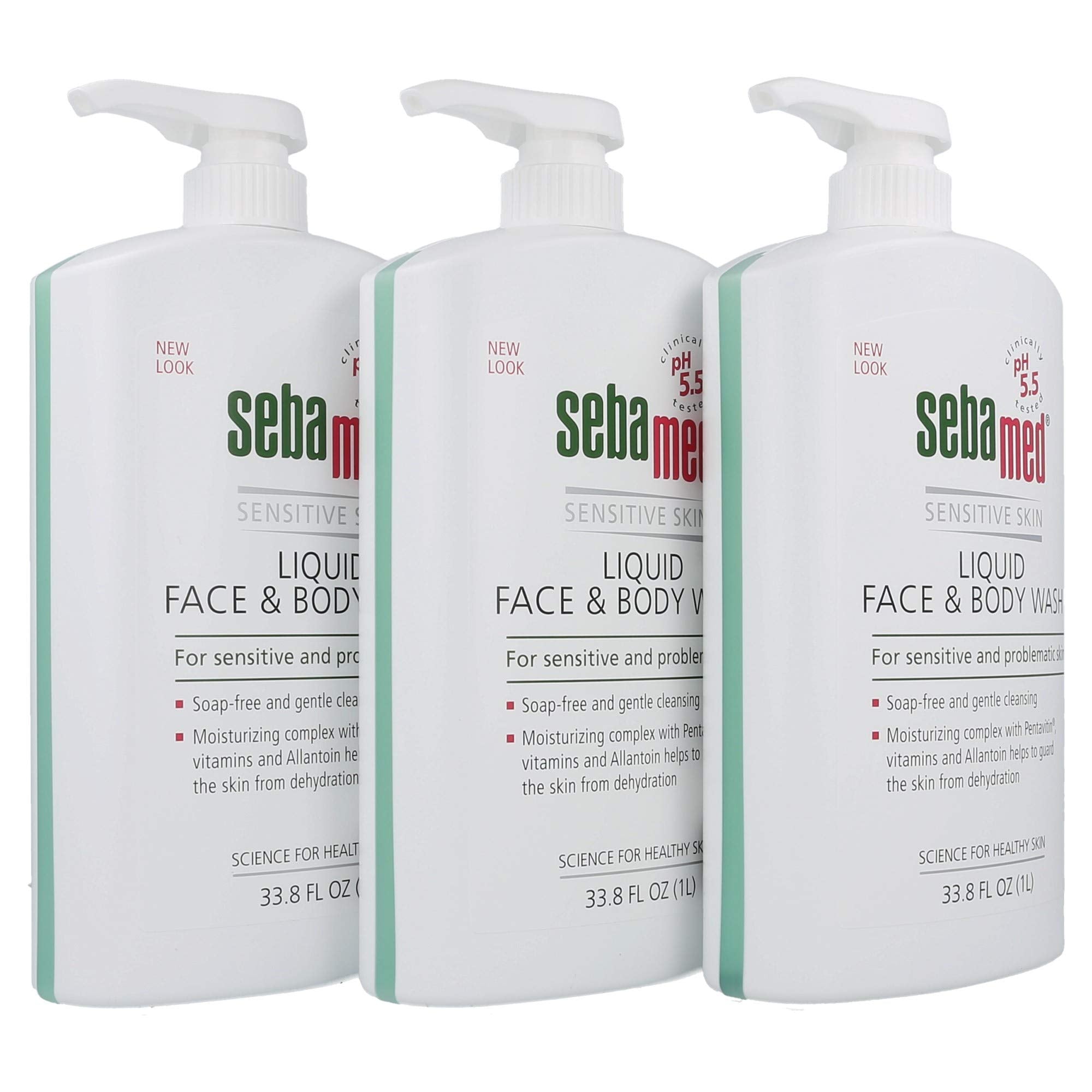 SEBAMED liquid face and body wash pack of 3 on display for bulk value