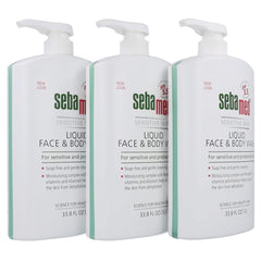 SEBAMED liquid face and body wash pack of 3 on display for bulk value