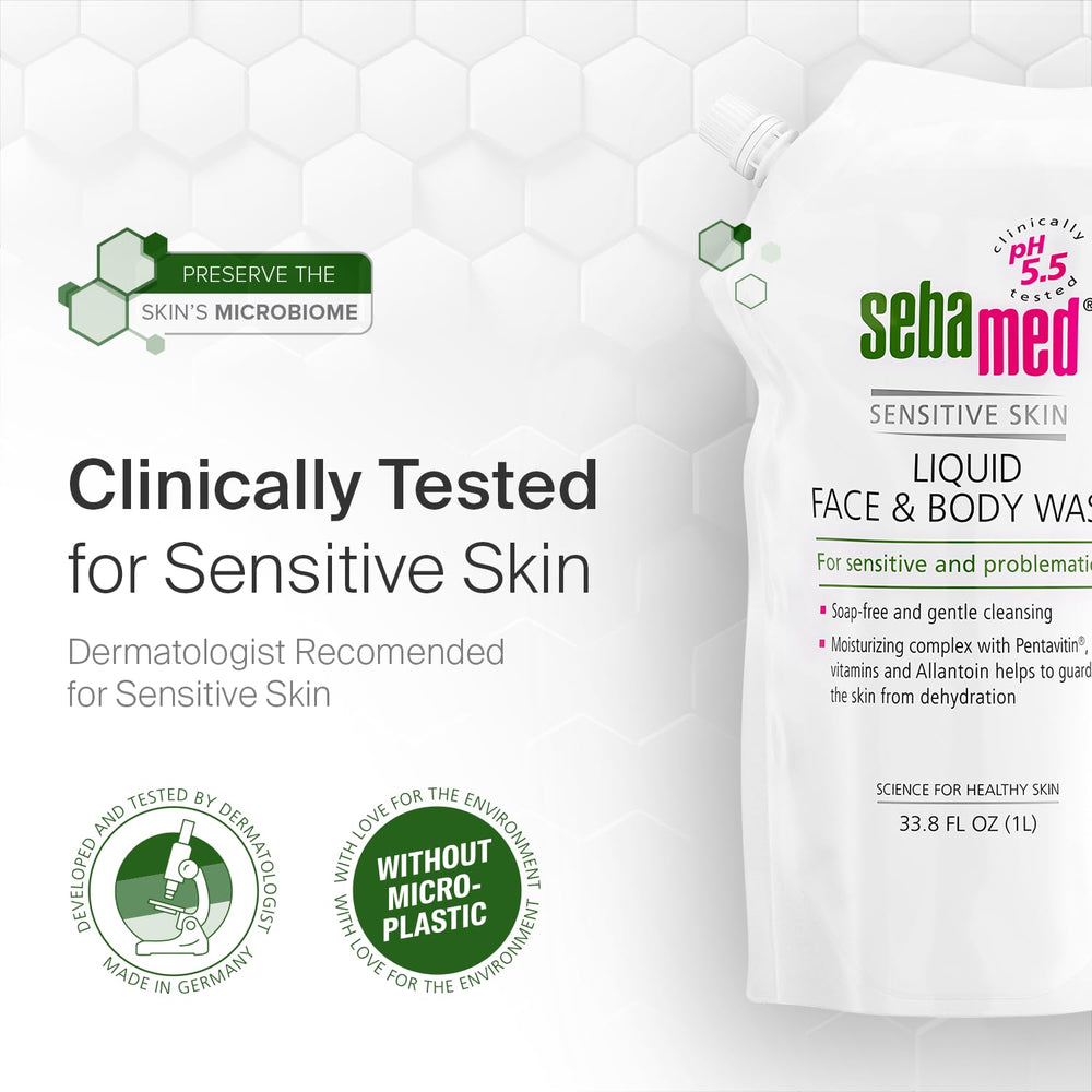Sebamed eco packaging closeup highlights environmental friendly approach.
