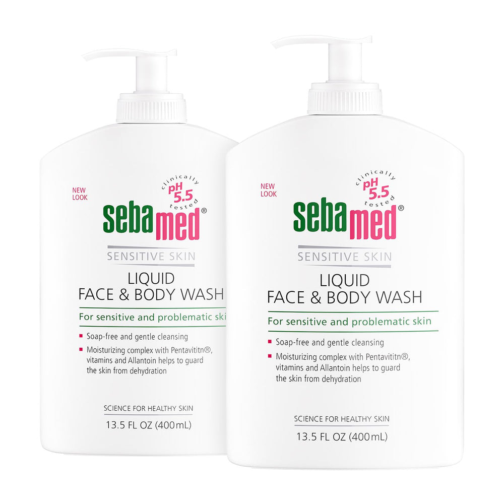 SEBAMED liquid face and body wash bottle with pump provides gentle daily cleansing