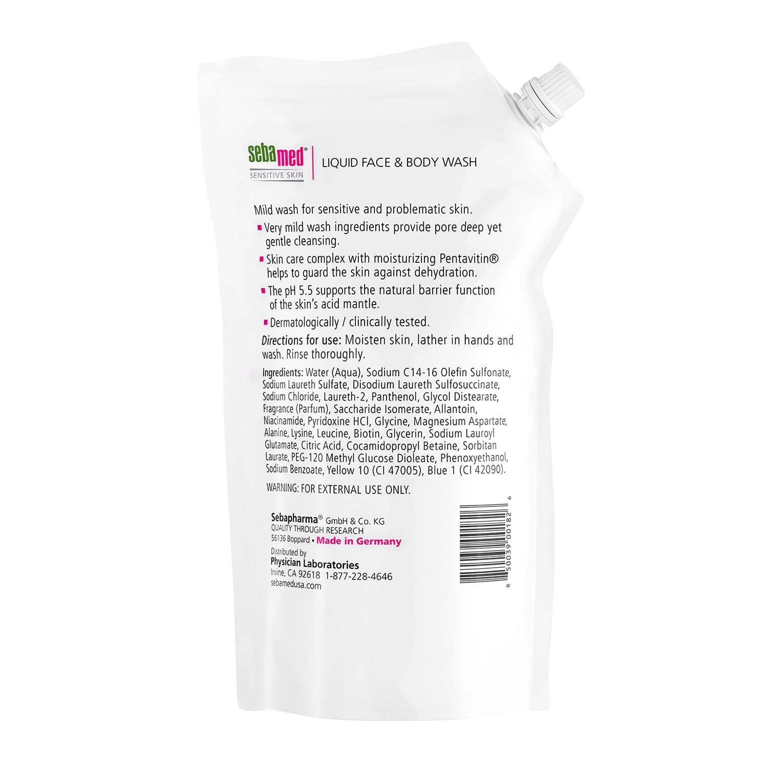 Sebamed refill bag closeup label shows pH balanced formula for sensitive skin.