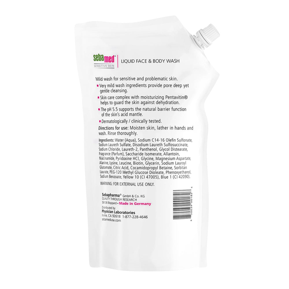 Sebamed refill bag closeup label shows pH balanced formula for sensitive skin.