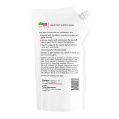 Sebamed refill bag closeup label shows pH balanced formula for sensitive skin.