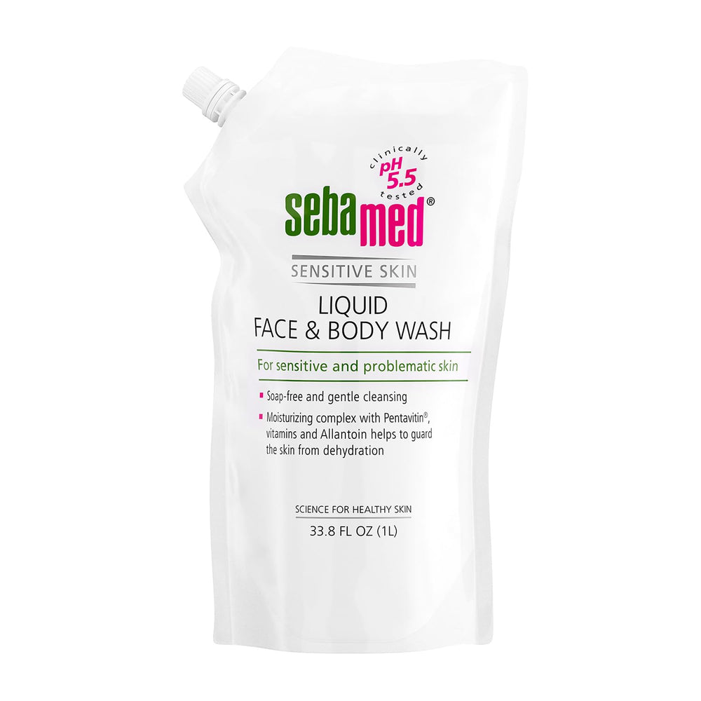Sebamed Liquid Face & Body Wash refill bag for gentle cleansing across skin types.