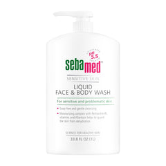 SEBAMED Liquid Wash bottle pour demonstrates gentle cleansing for sensitive skin