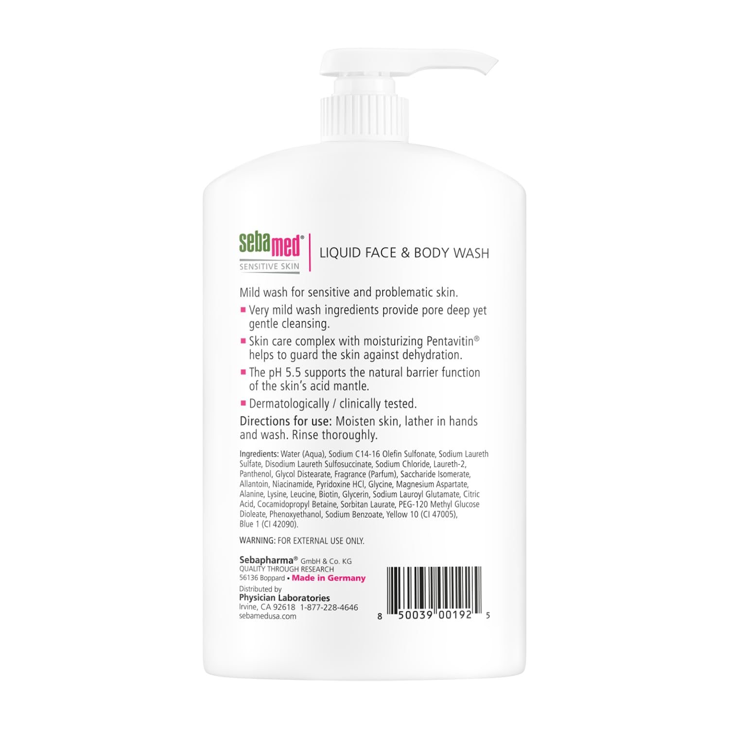 SEBAMED Liquid Wash label closeup highlights a balanced pH of 5.5
