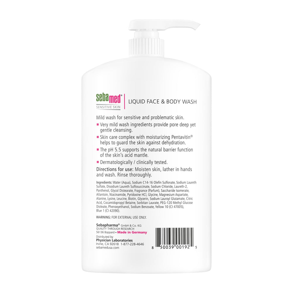 SEBAMED Liquid Wash label closeup highlights a balanced pH of 5.5
