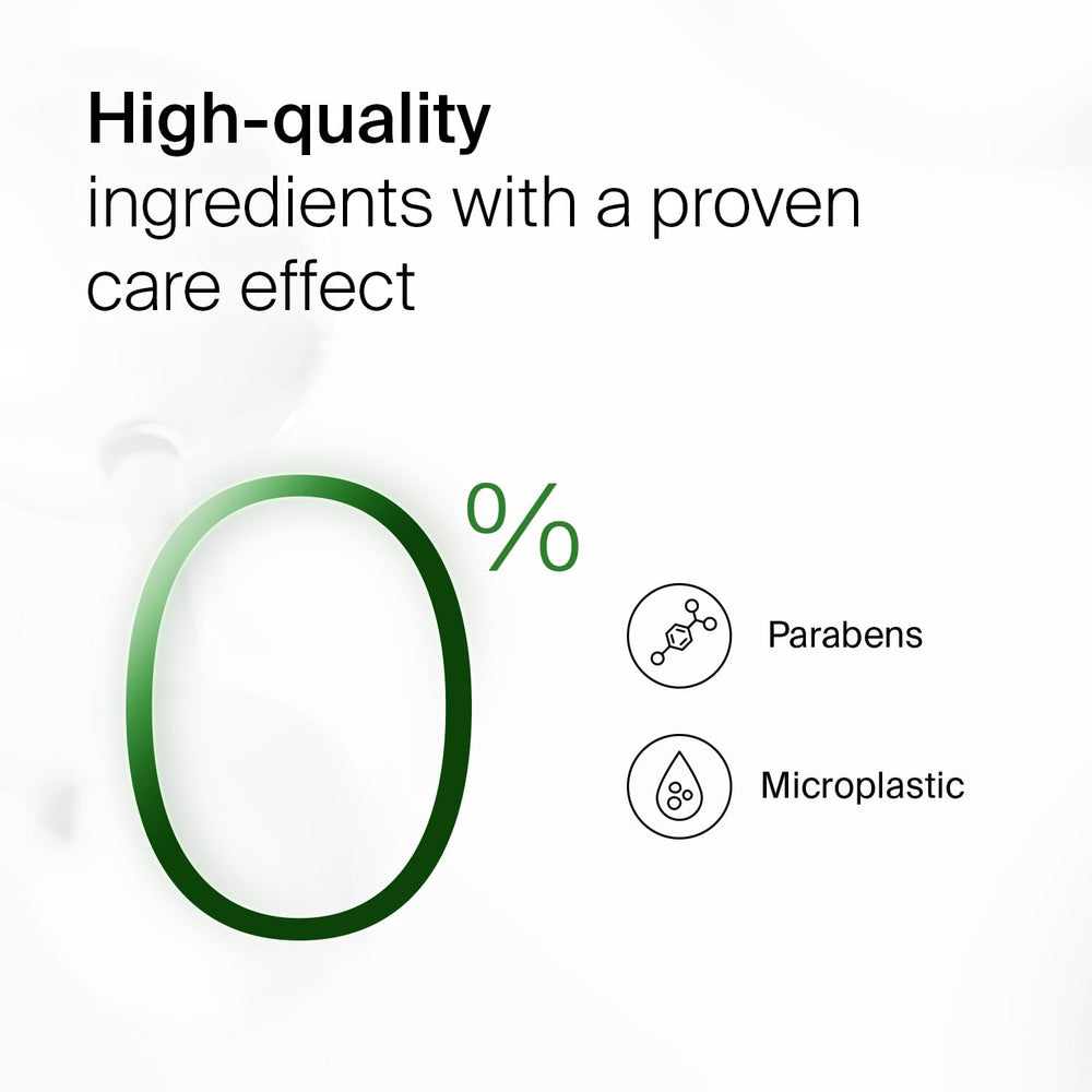 Ingredient graphic highlights almond oil, shea butter, and squalane in SEBAMED cream
