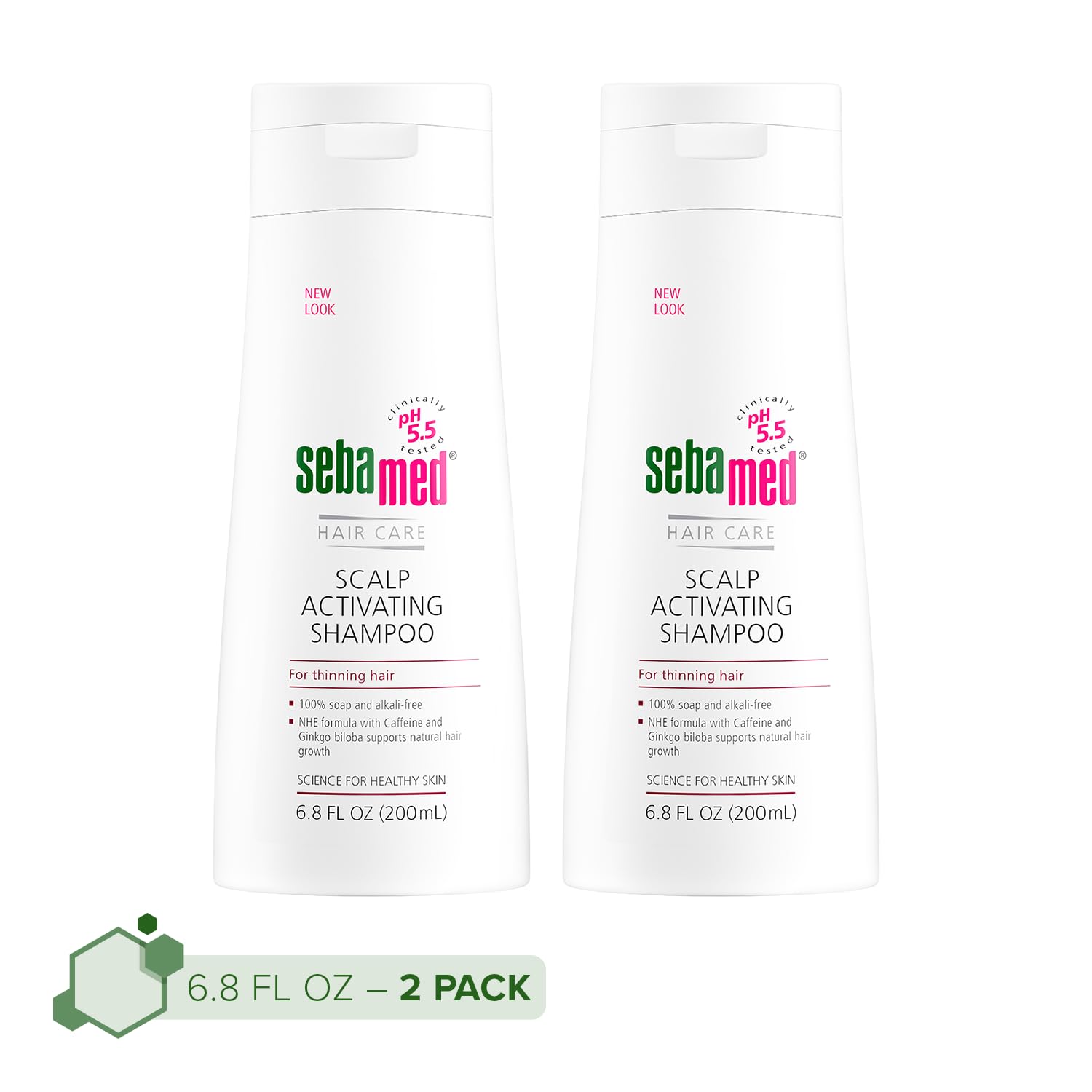 Sebamed Scalp Activating Shampoo bottle close-up, paraben-free formula supports a healthier scalp.