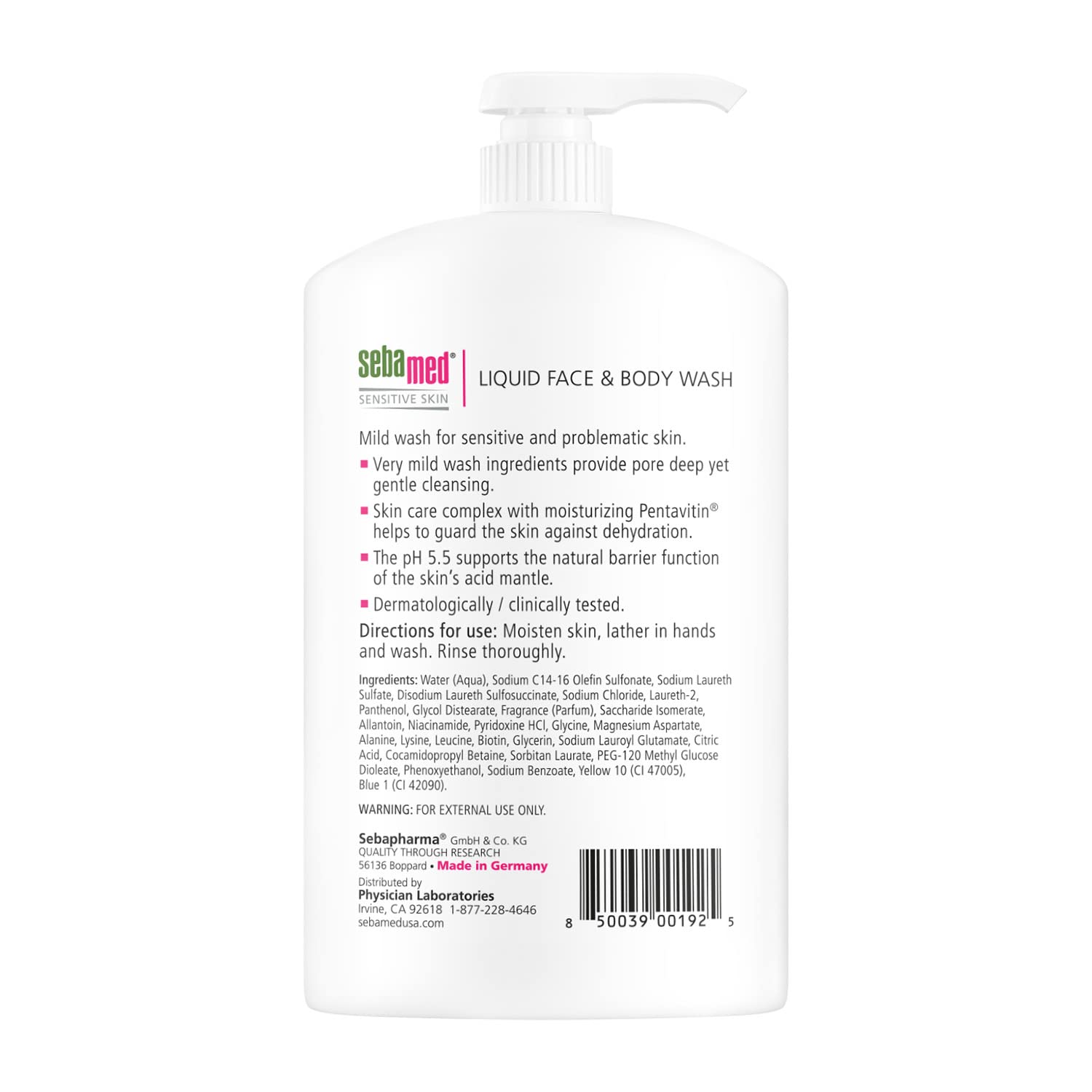 Close-up label of SEBAMED wash showing dermatologist-friendly hypoallergenic formula