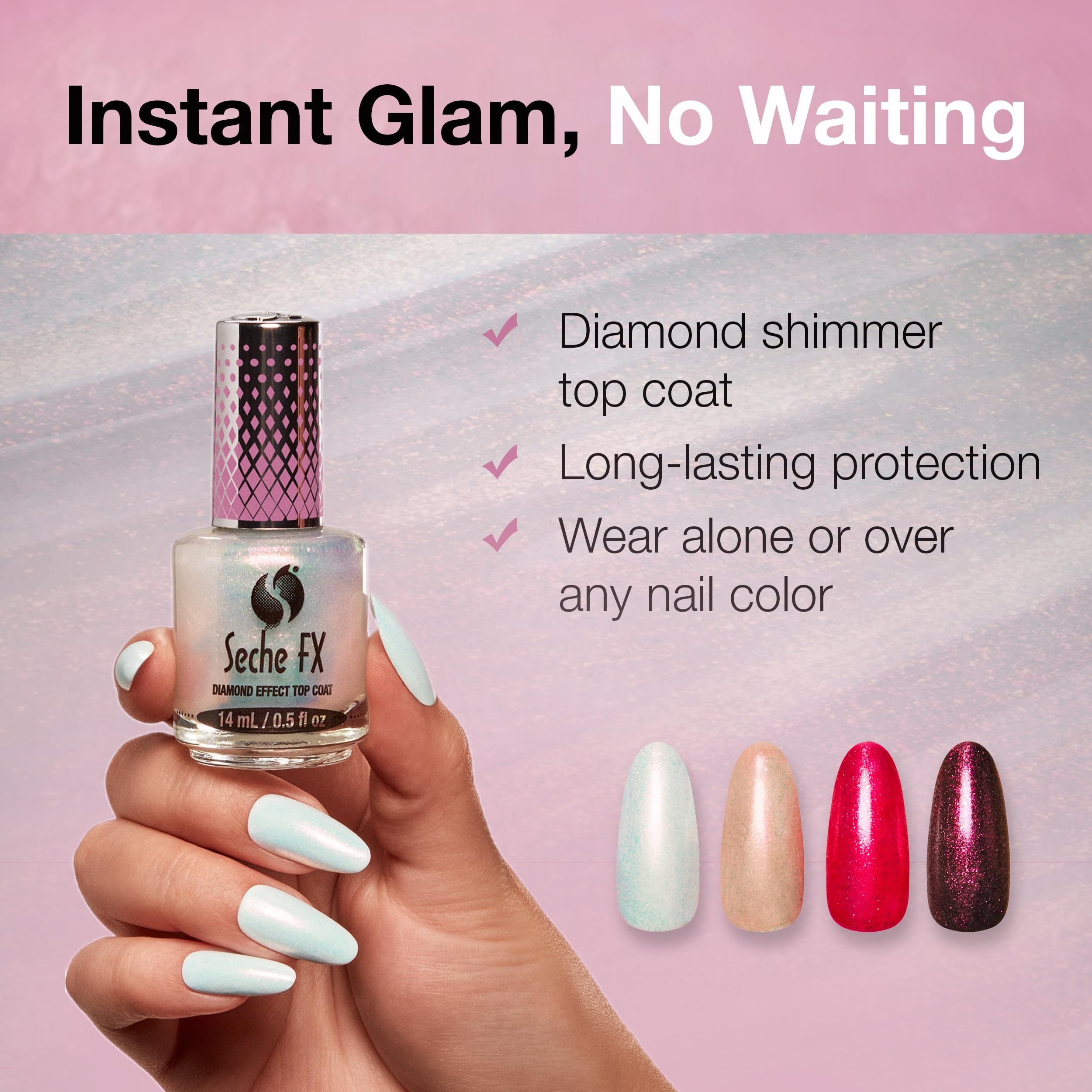 Seche FX Diamond Top Coat pink diamond sparkle on nails enhances color depth and light reflection.