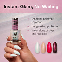 Seche FX Diamond Top Coat pink diamond sparkle on nails enhances color depth and light reflection.