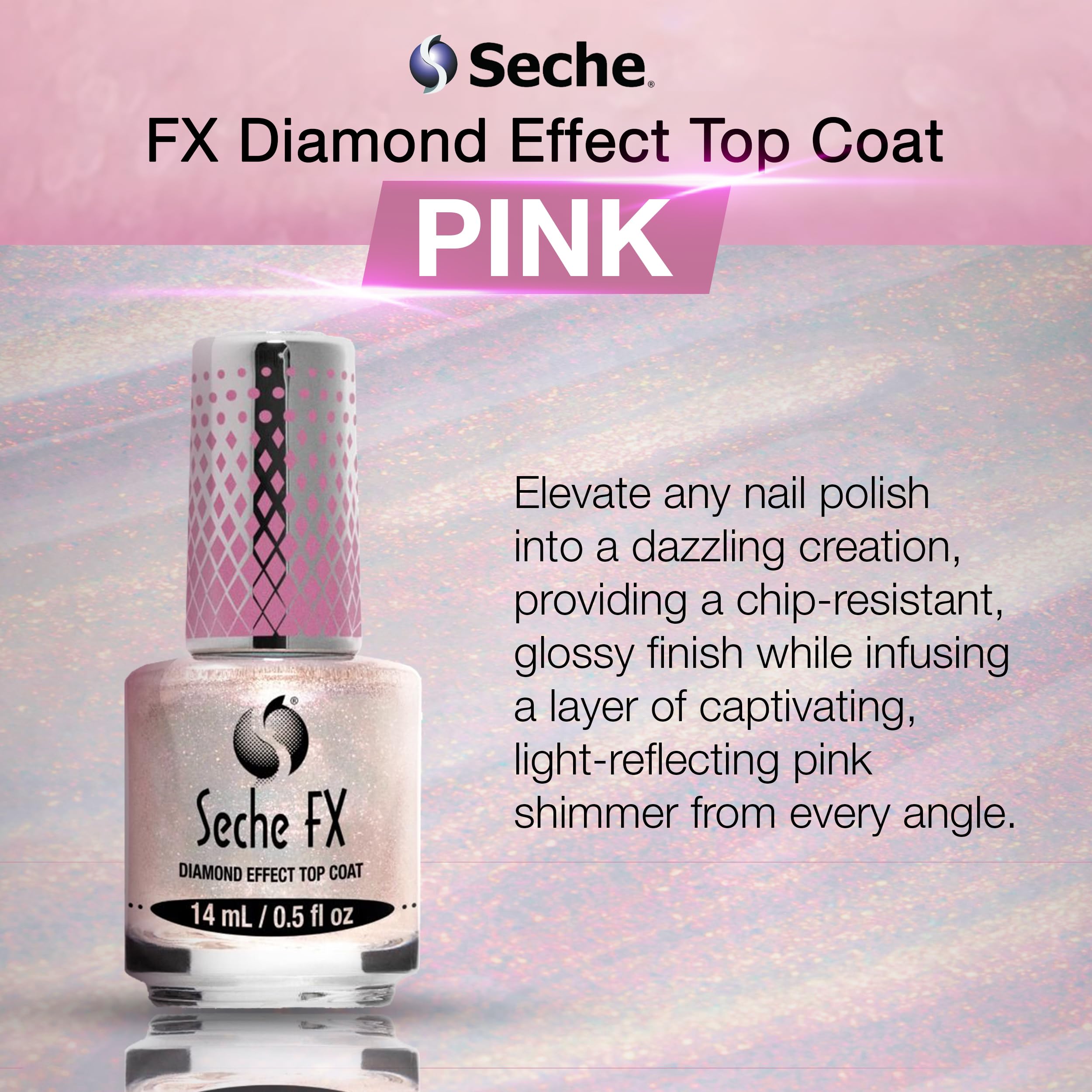 Seche FX Diamond Top Coat pink nail transformation delivers shimmer from subtle to bold without chips.
