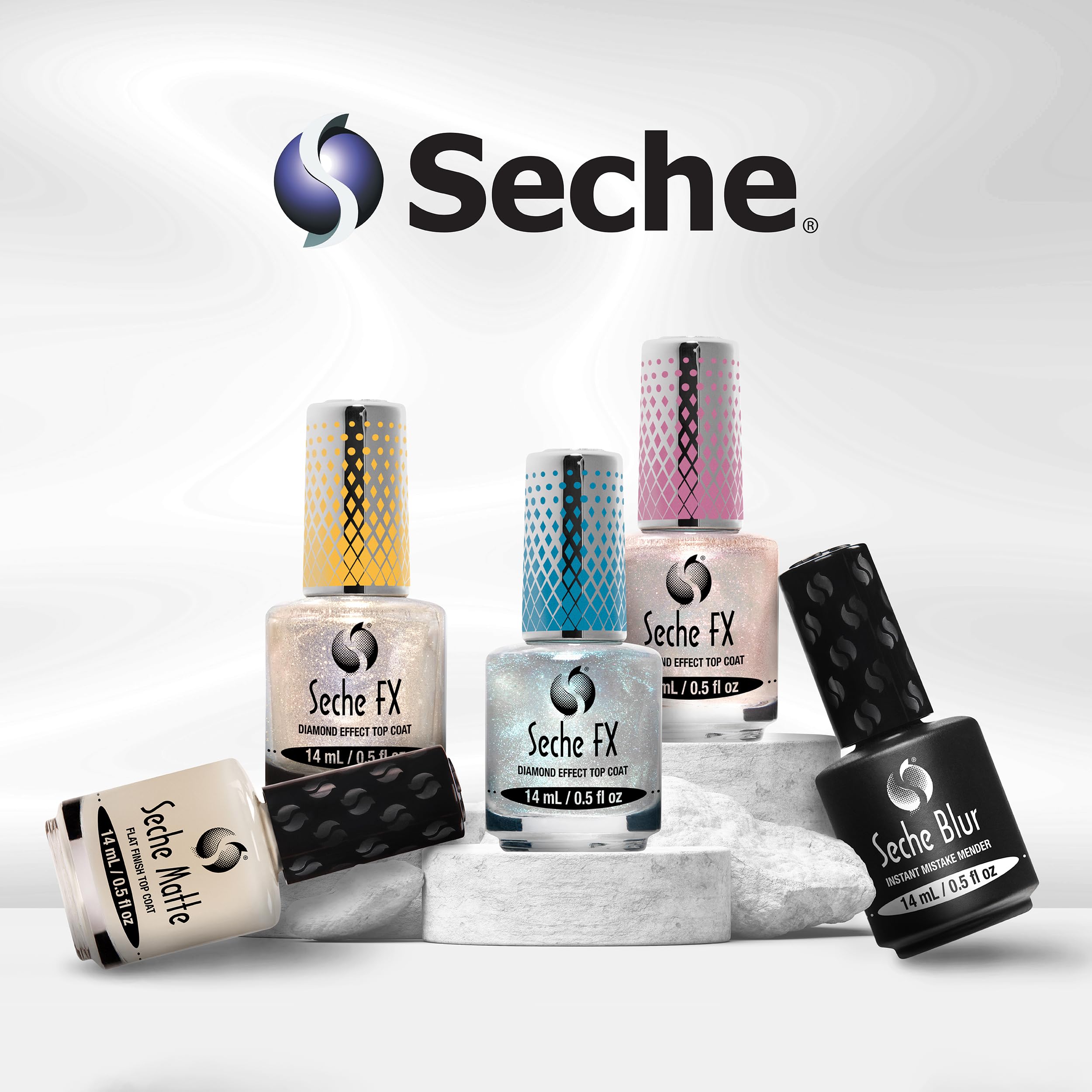 Seche FX Diamond Top Coat pink packaging shot emphasizes brand reliability and premium nail care.