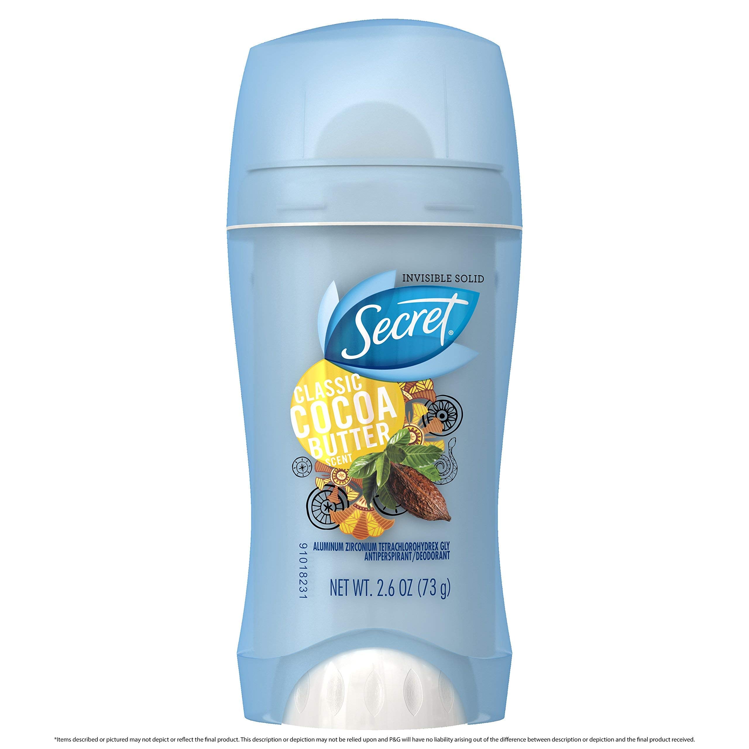 Secret Classic Cocoa Butter Invisible Solid packaging shows dry application and lasting freshness.