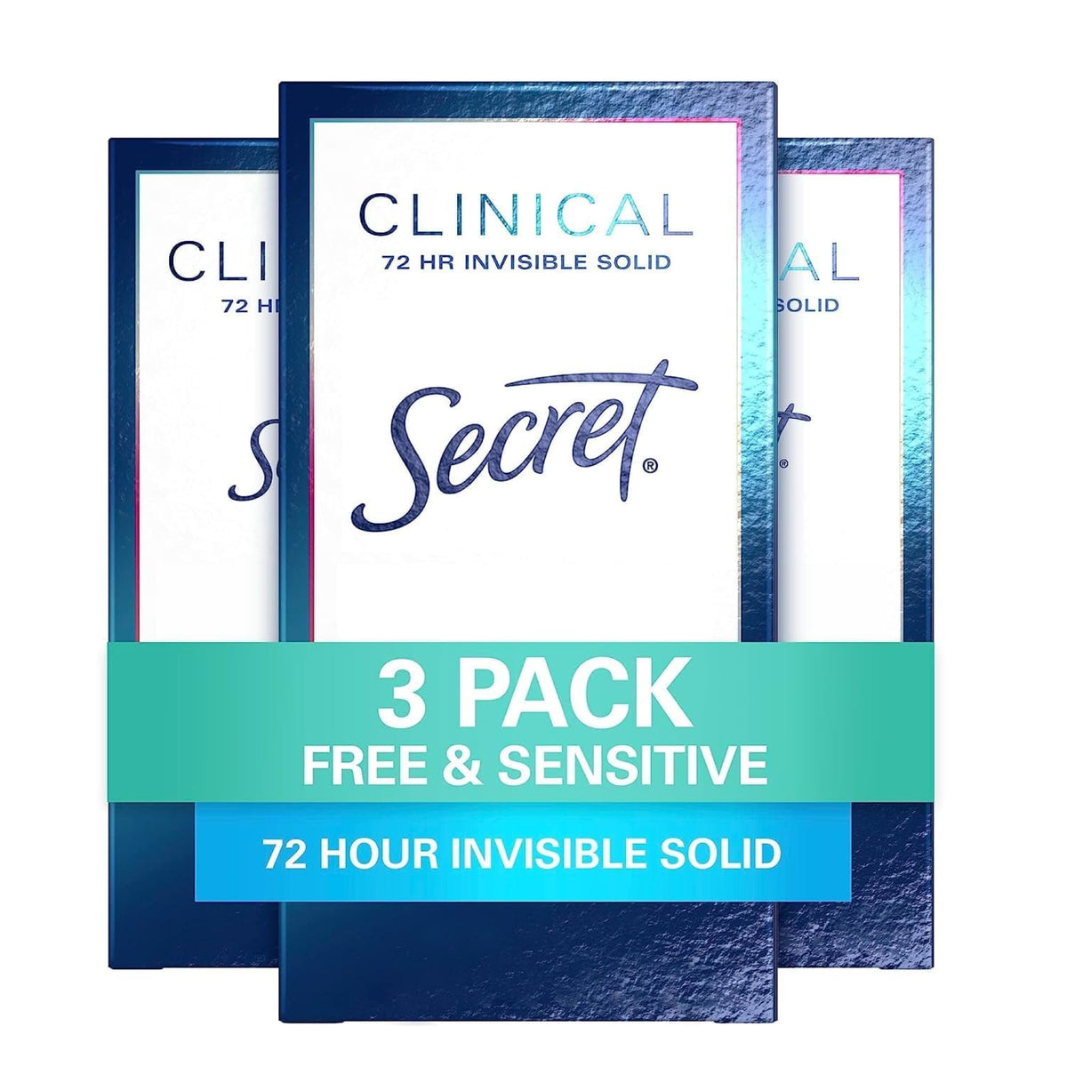 Secret Clinical Strength pack of 3 unscented invisible solid for confident wear.