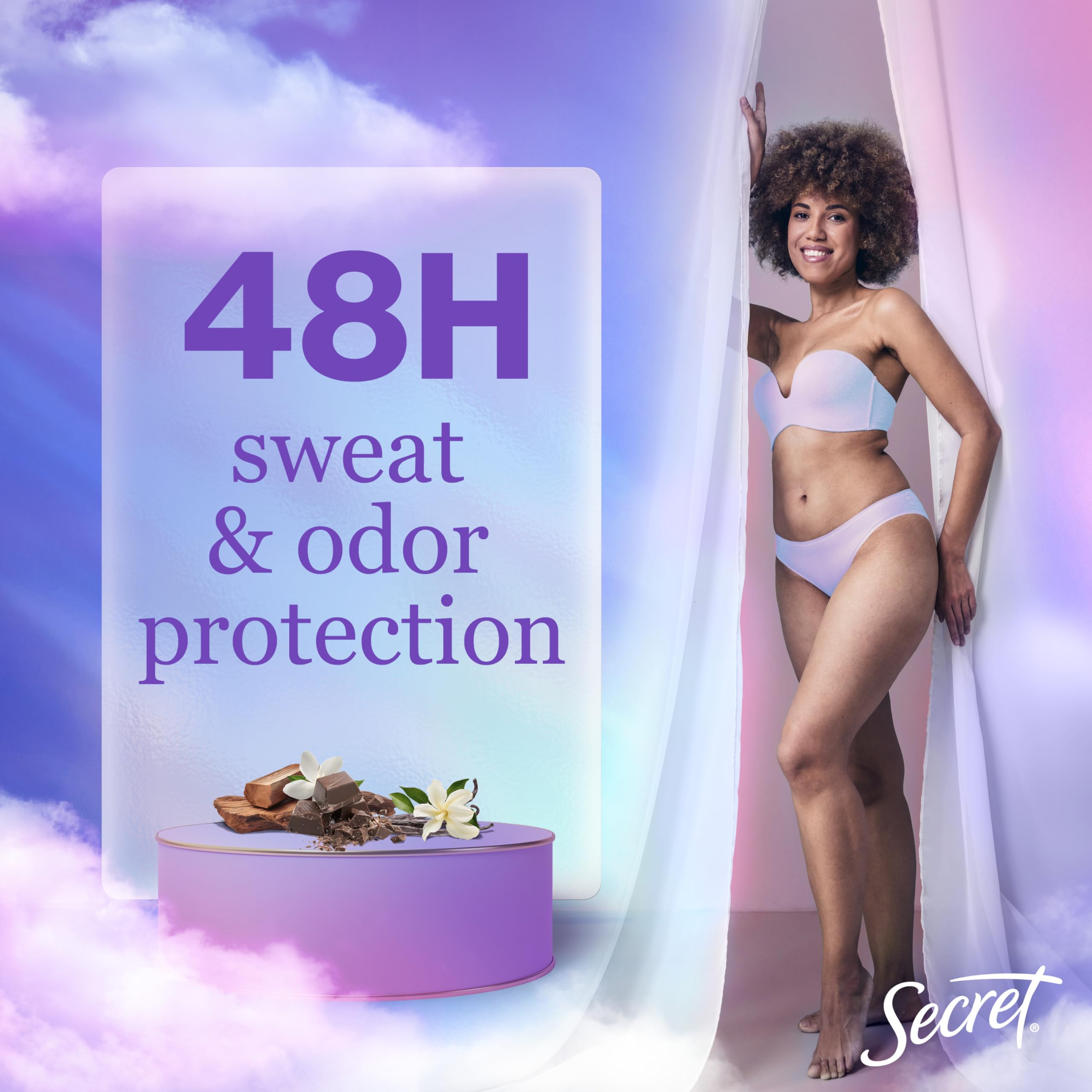 Secret Dry Spray application mist demonstrates quick dry feel.