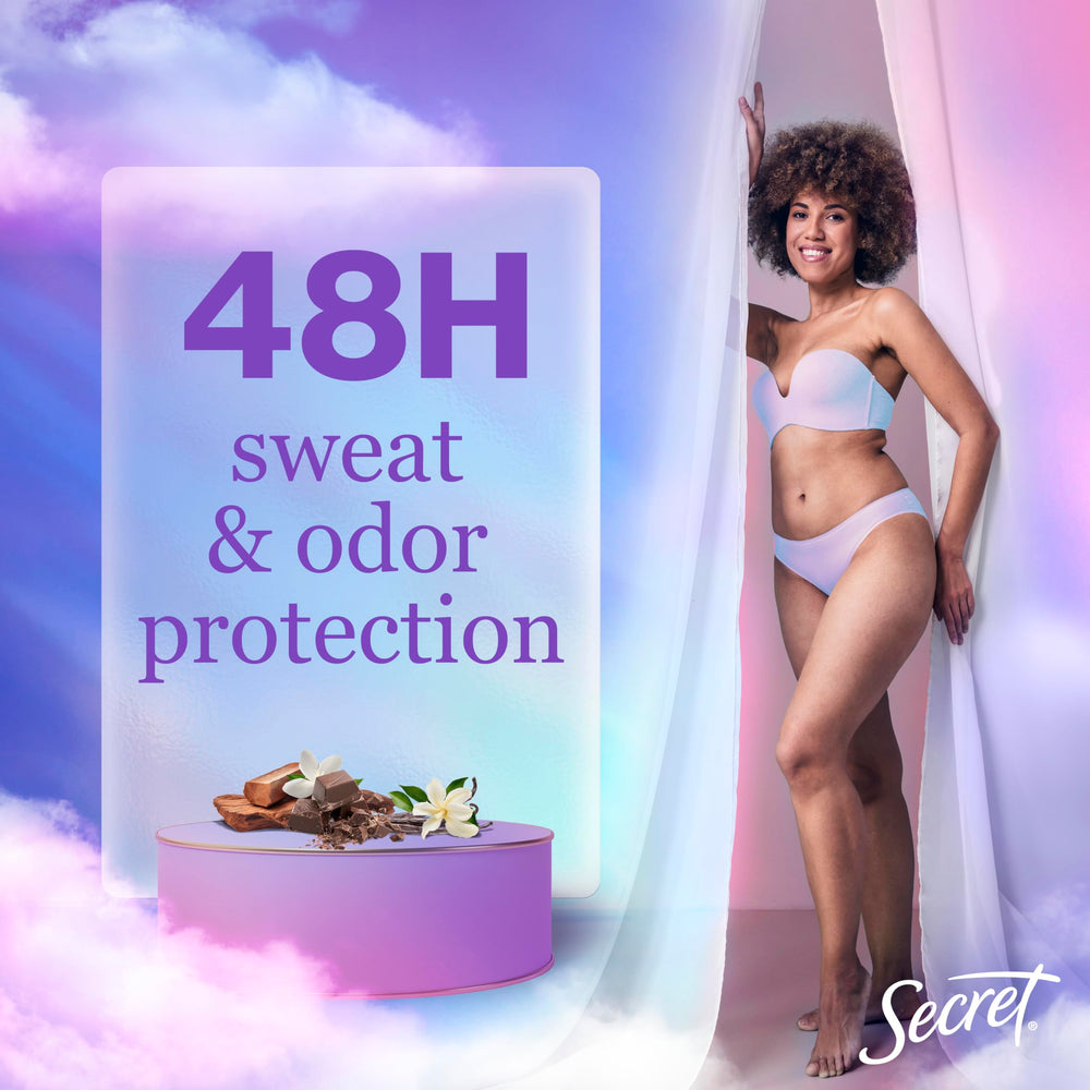 Secret Dry Spray application mist demonstrates quick dry feel.