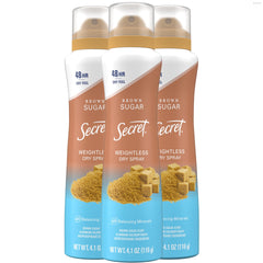 Secret Dry Spray Brown Sugar bottle provides weightless protection.