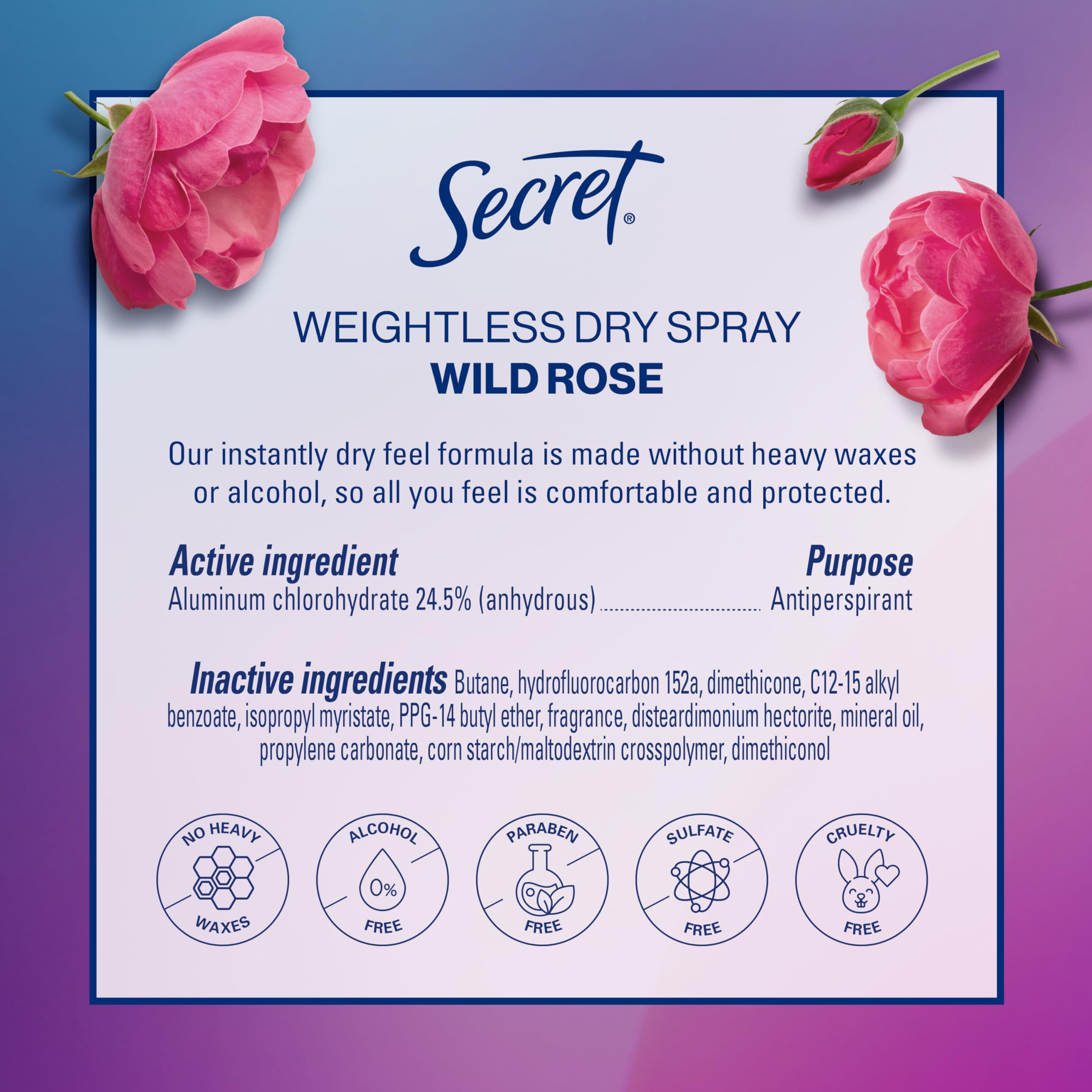 Secret Dry Spray fast-drying mist for sweat and odor protection.