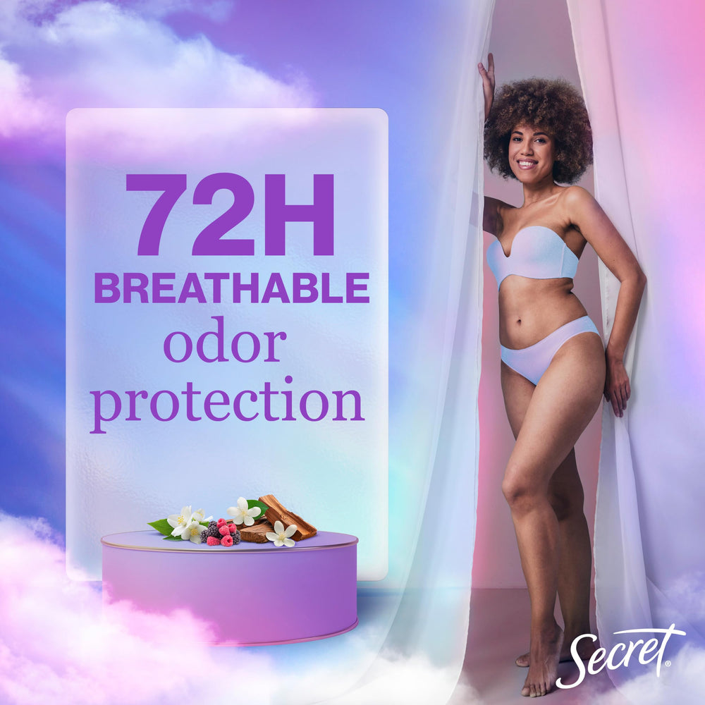 Secret Fresh clear gel application showing quick-dry formula on skin