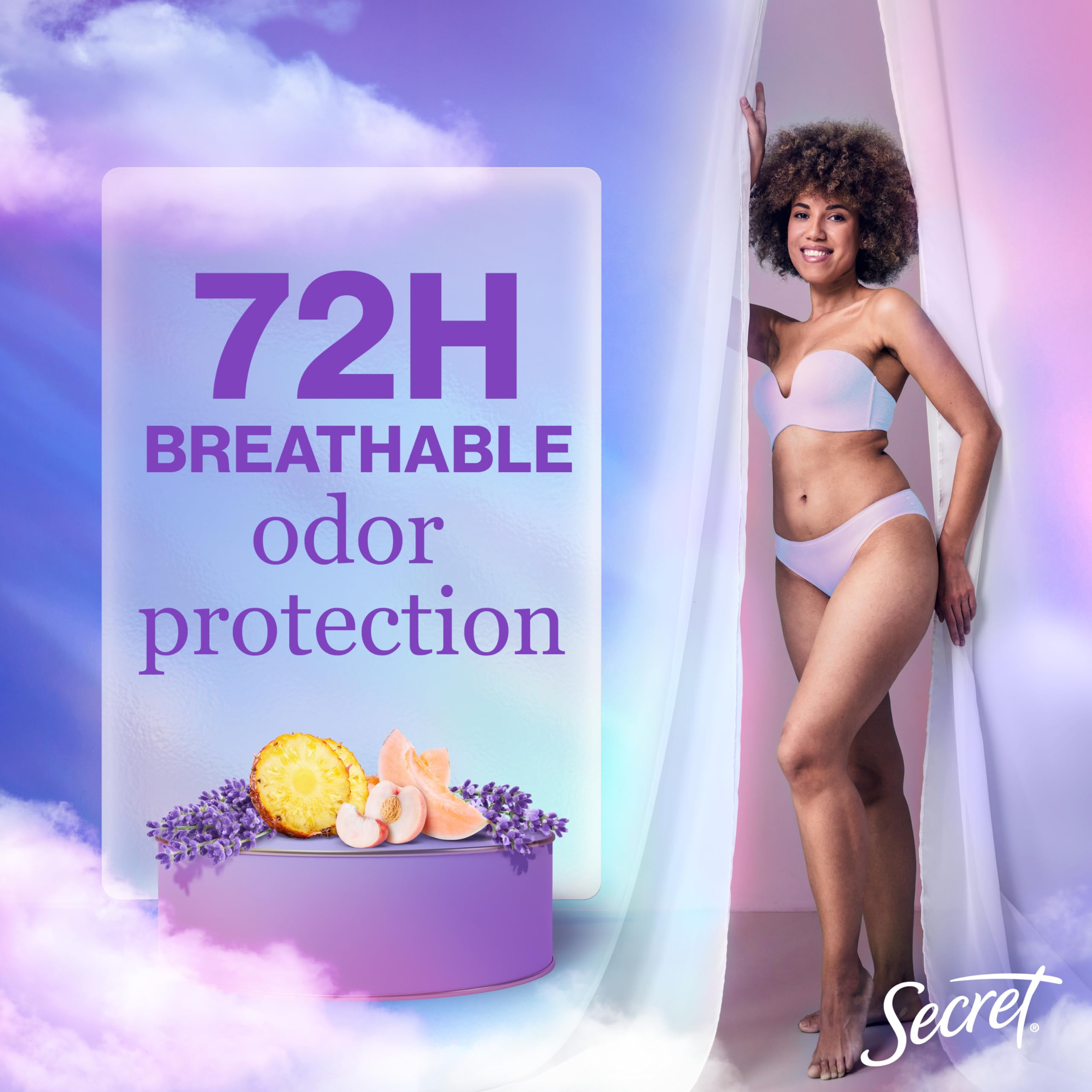 Secret Fresh 72hr odor protection showing long-lasting freshness.