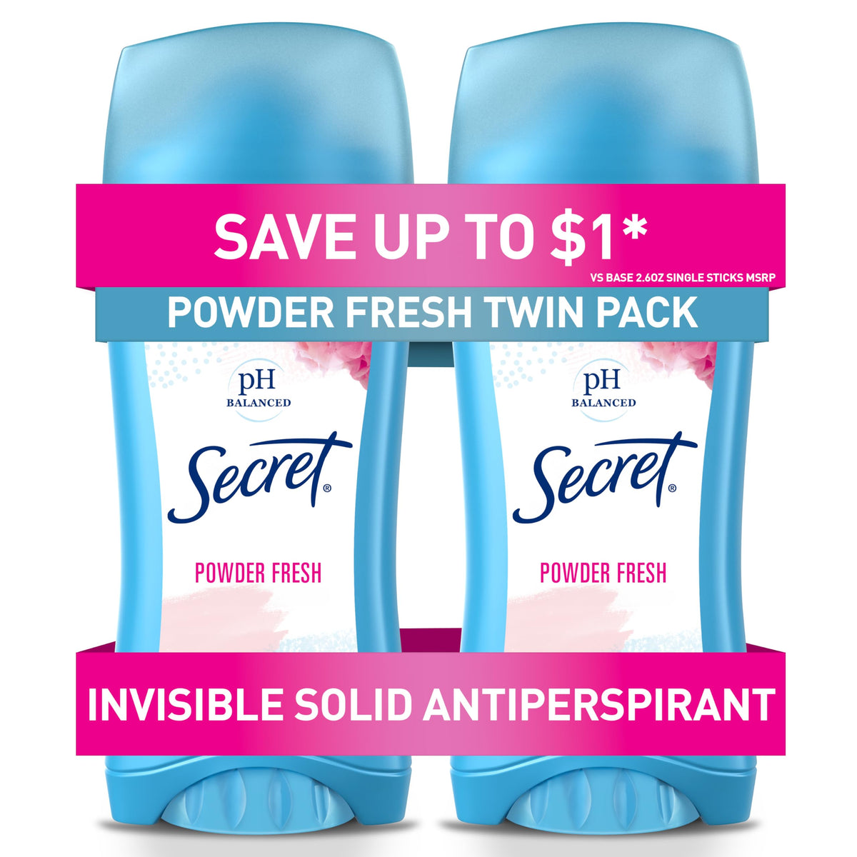 Secret Invisible Solid Powder Fresh Twin Pack front view shows discreet protection