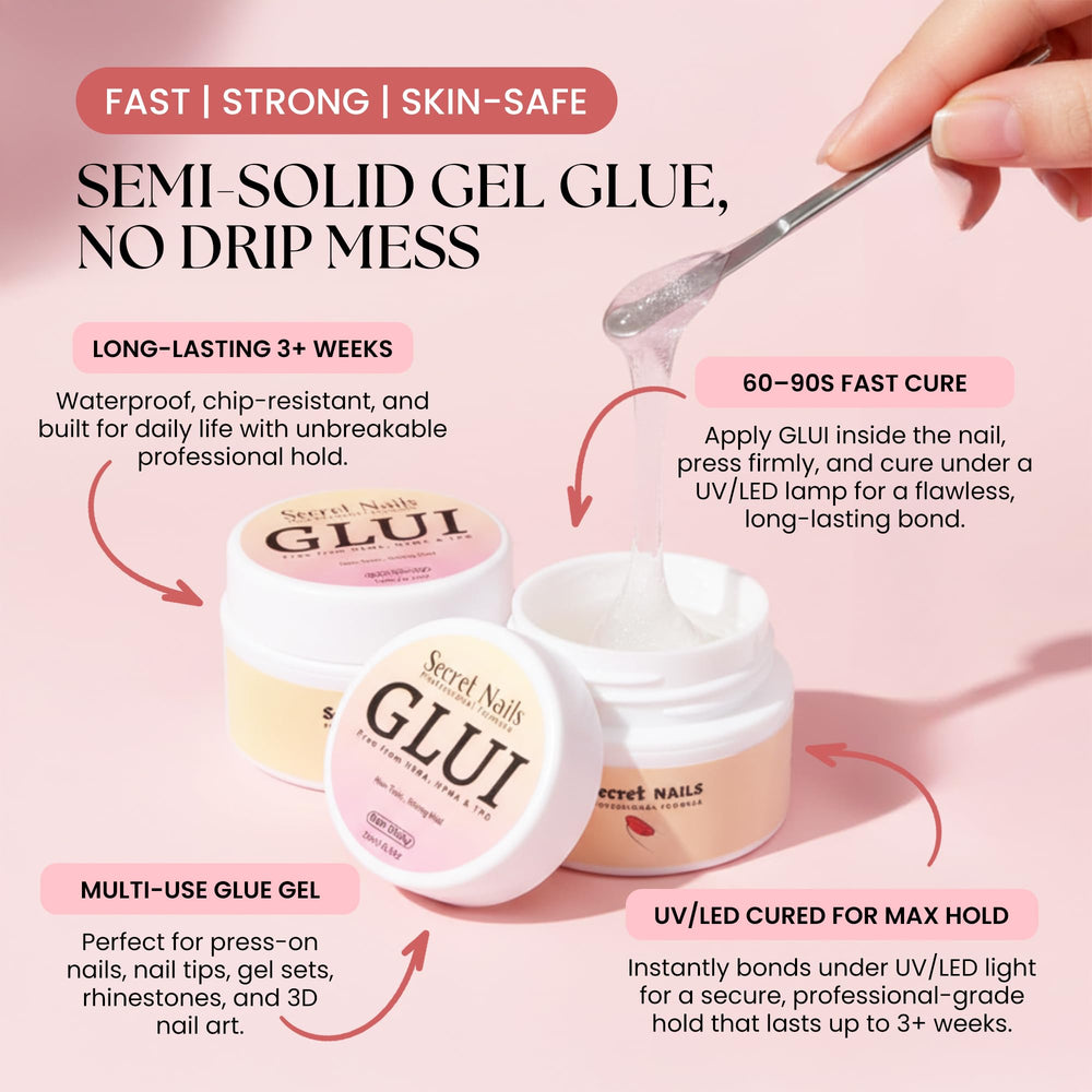 Secret Nails GLUI press-on nails with adhesive in action.