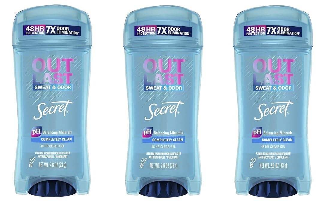 Secret Outlast clear gel 3-pack packaging shows long-lasting odor protection for everyday wear.