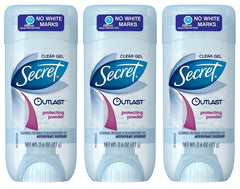 Secret Outlast Xtend Protecting Powder bottle with clear gel deodorant for long-lasting protection.