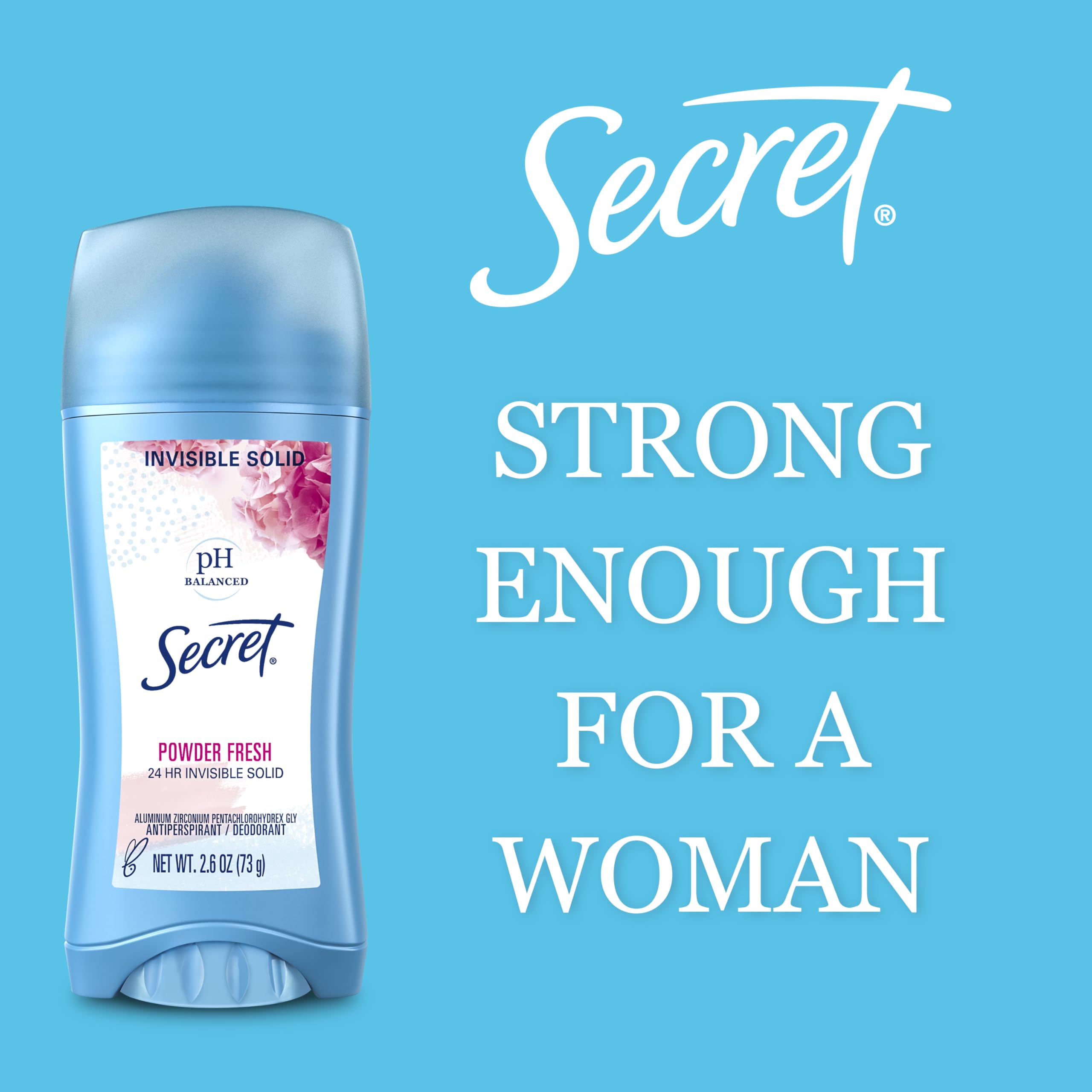 Secret packaging with brand label emphasizes portable 2.7 oz size for daily use.