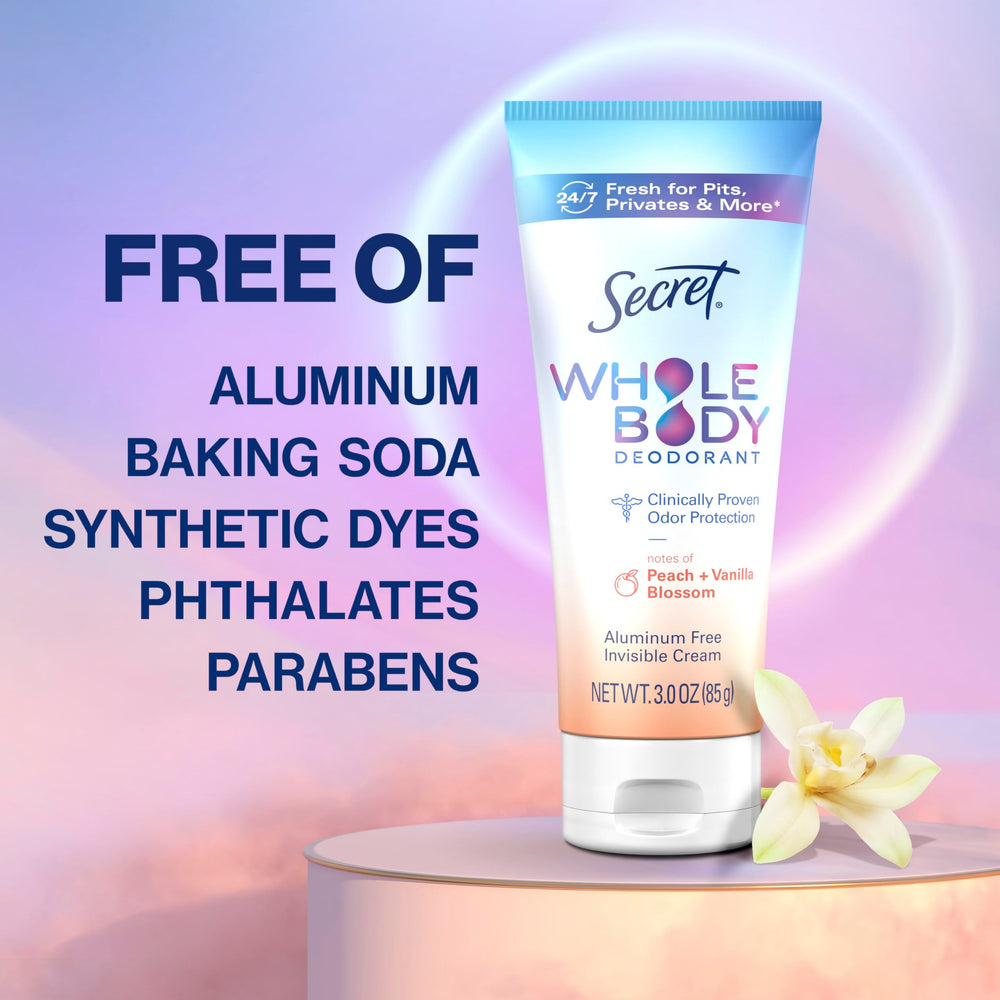 Secret whole body deodorant cream feet use keeps odors in check.