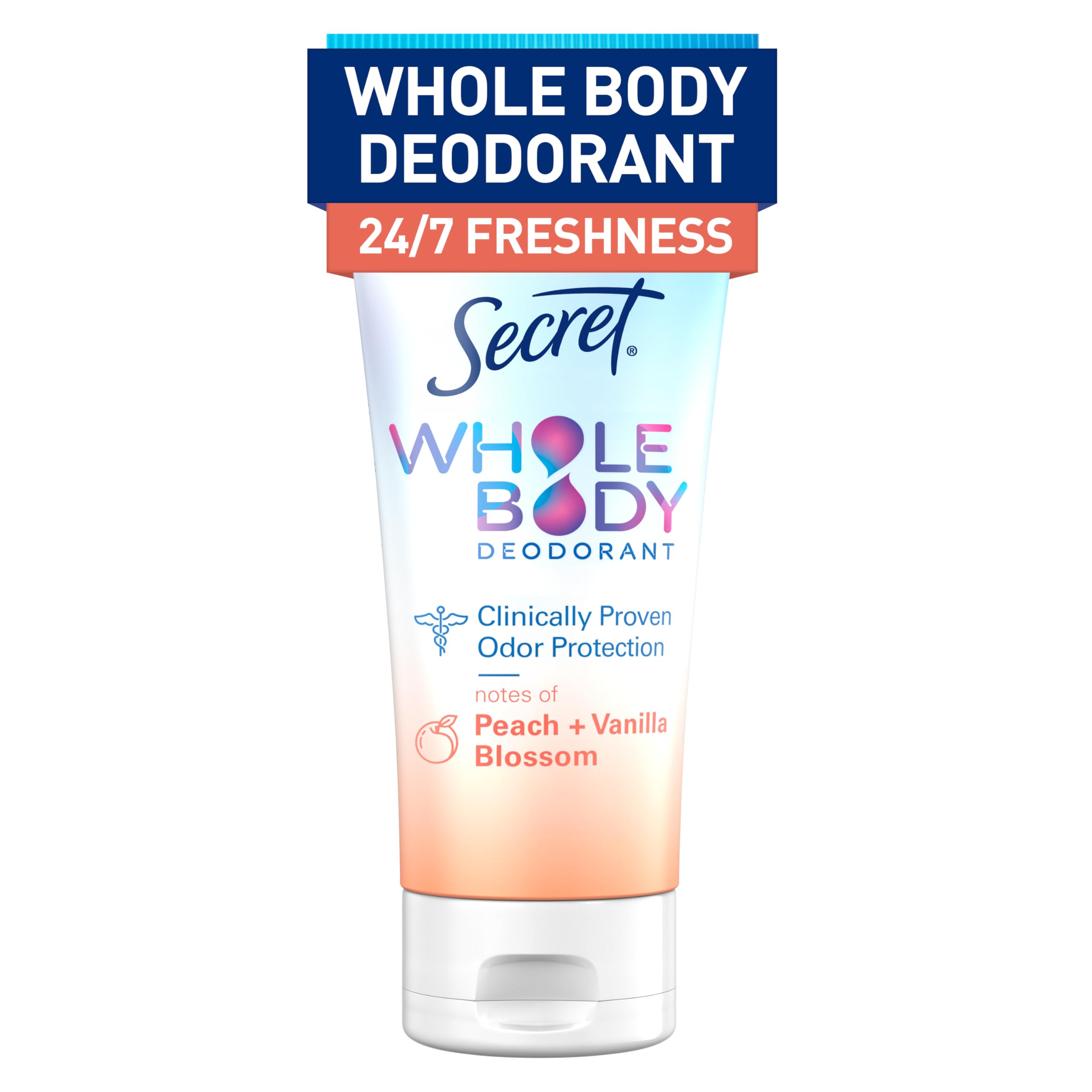 Secret whole body deodorant cream bottle with peach vanilla for all-day freshness.