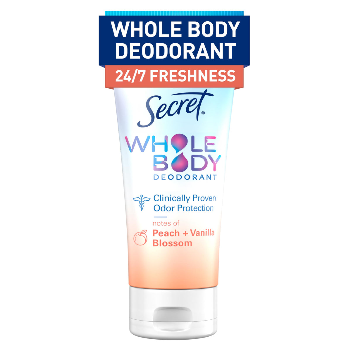 Secret whole body deodorant cream bottle with peach vanilla for all-day freshness.