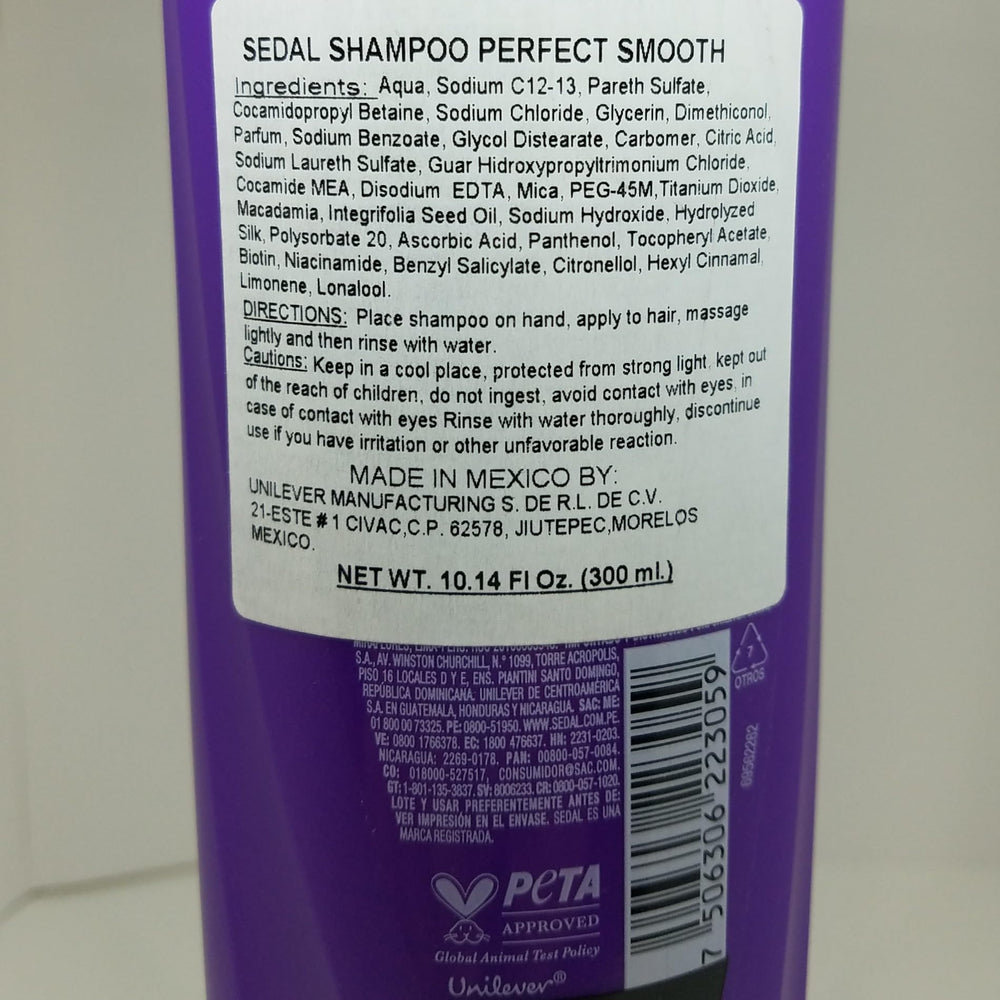 Sedal Liso Perfecto Shampoo sealed bottle on shelf to protect formula.