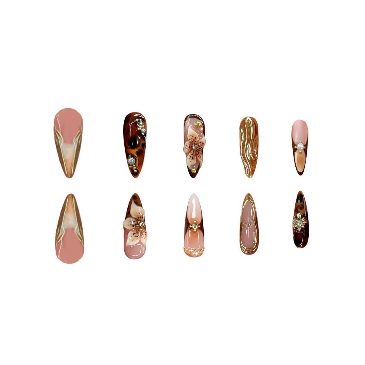 SEENEEY brown almond nails with gold charms add sparkle.