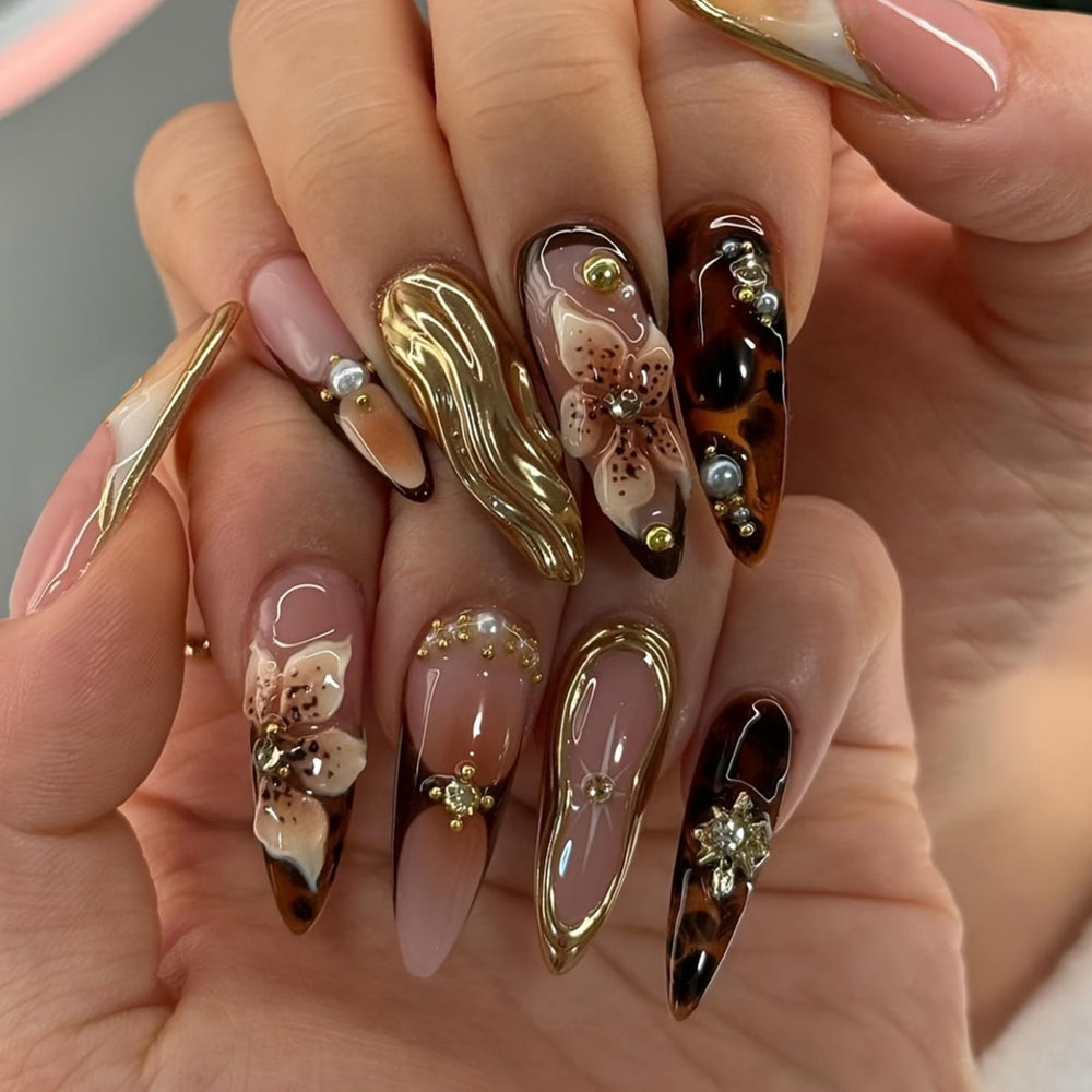 SEENEEY long press almond brown nails with floral accents for elegant at-home styling.