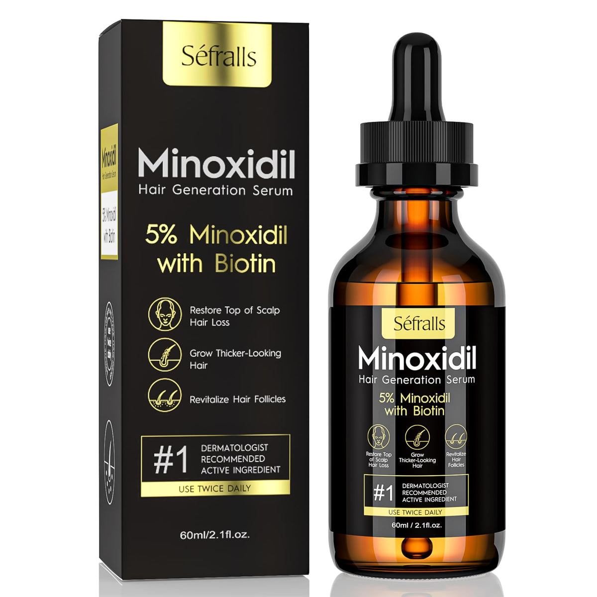 Sefralls minoxidil serum bottle shown for targeted hair regrowth.