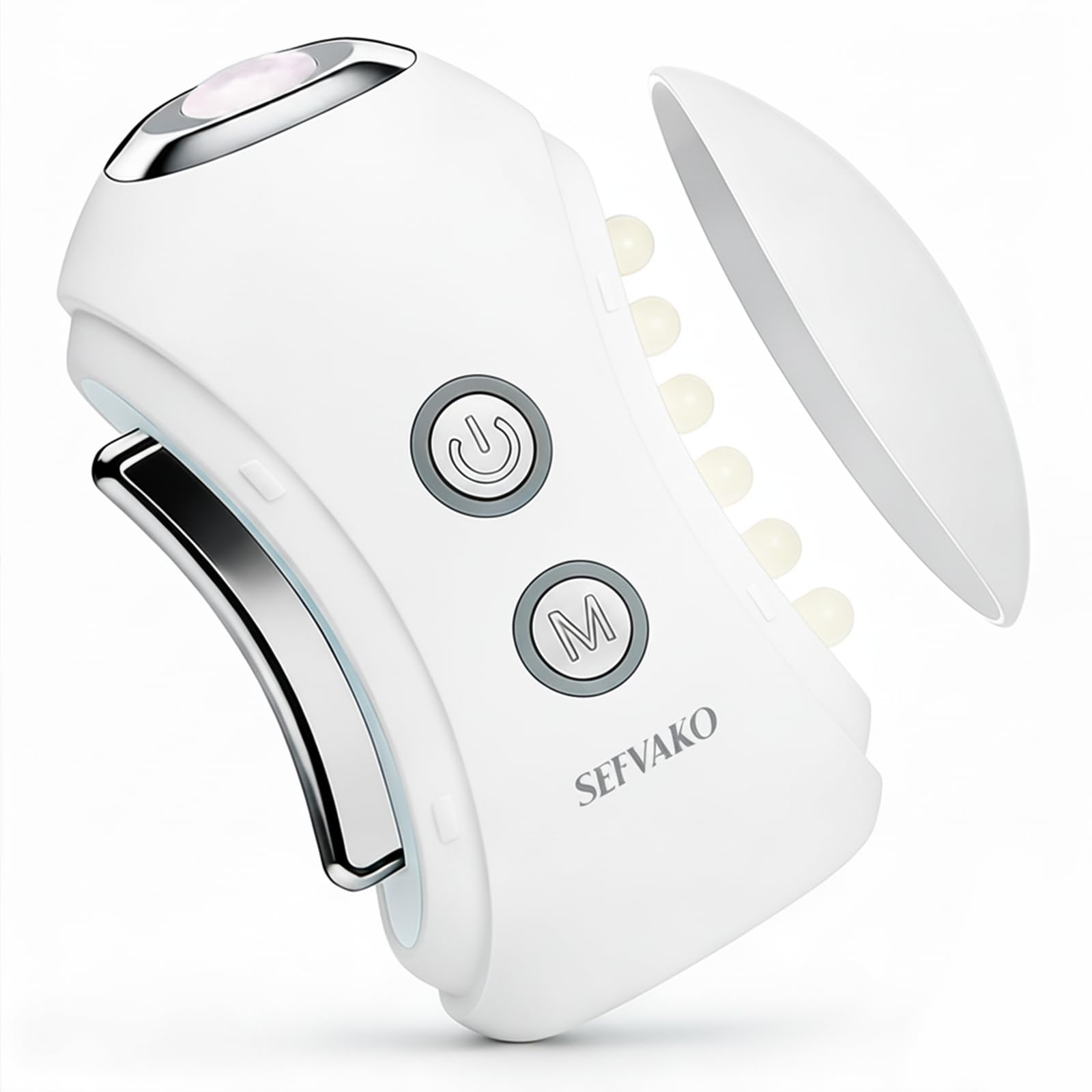 SEFVAKO face massager with red light therapy softens features and promotes relaxation.