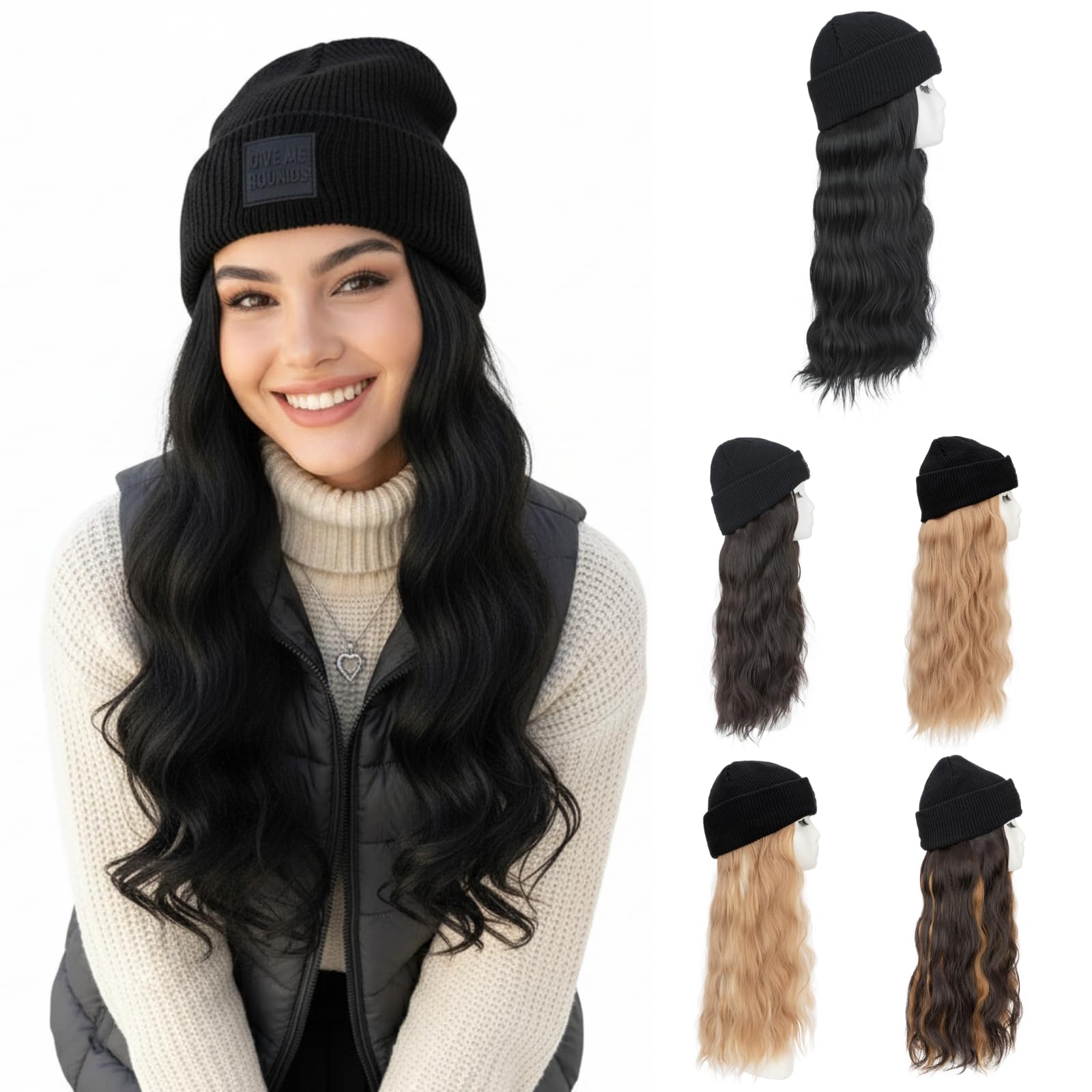 SEGOHAIR beanie wig with 18-inch jet black hair for instant style and warmth.