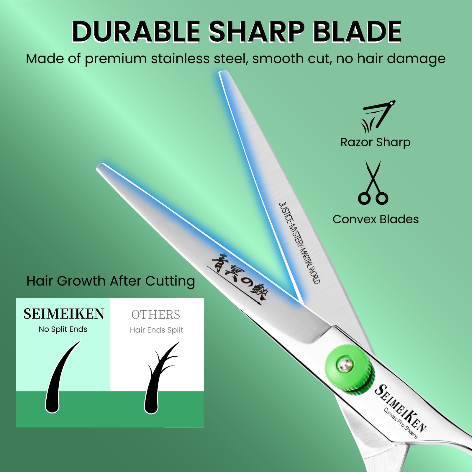 SEIMEIKEN scissors ergonomic offset grip shown for comfortable long sessions.