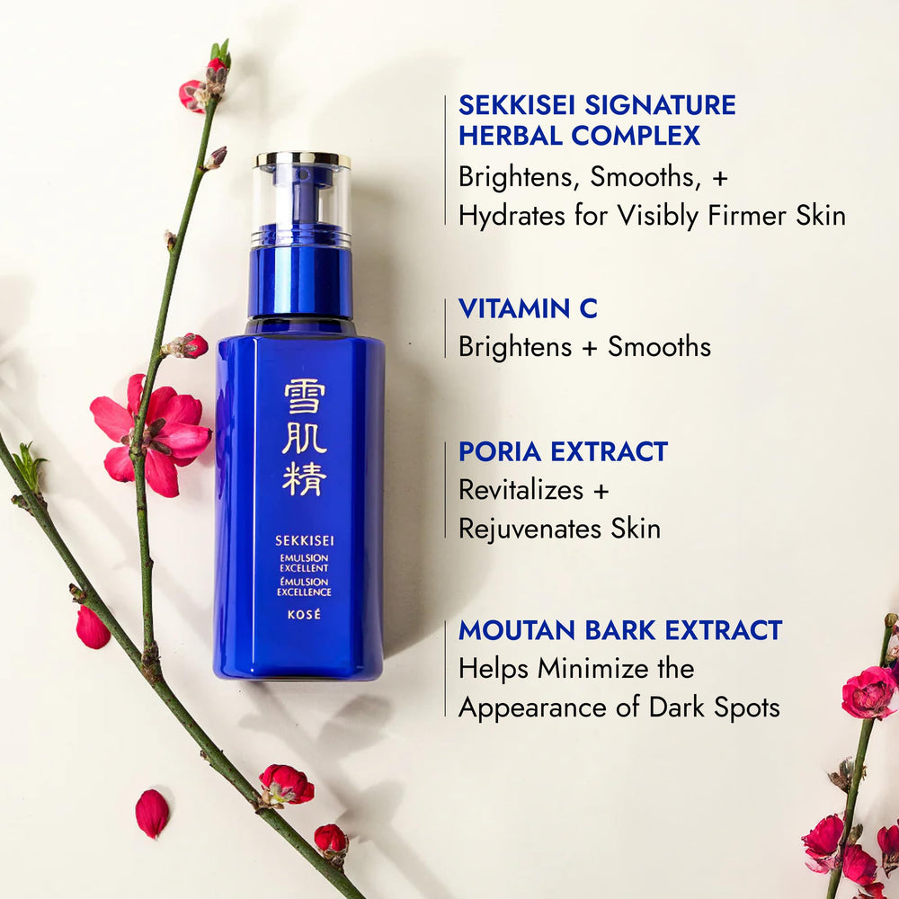 SEKKISEI Emulsion Excellent ingredients graphic shows herbal extracts delivering balanced moisture.