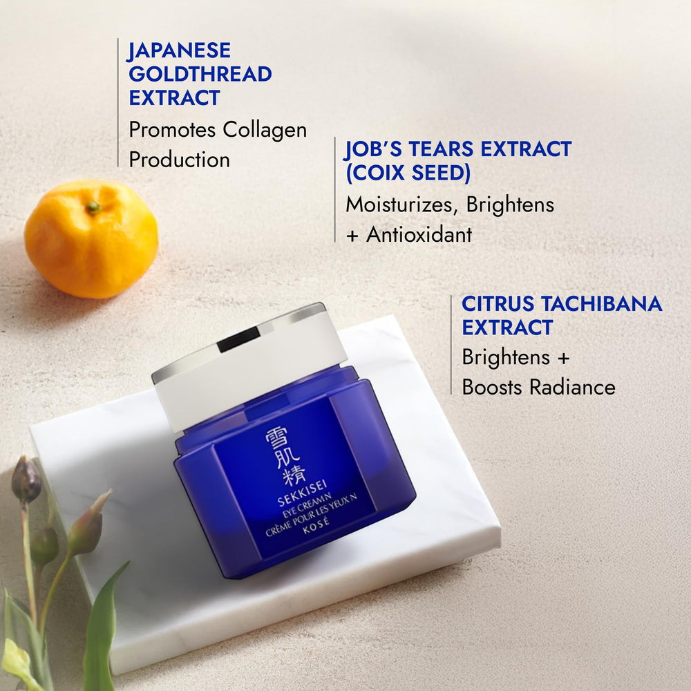 SEKKISEI eye cream texture on fingertip shows rich yet fast-absorbing cream.