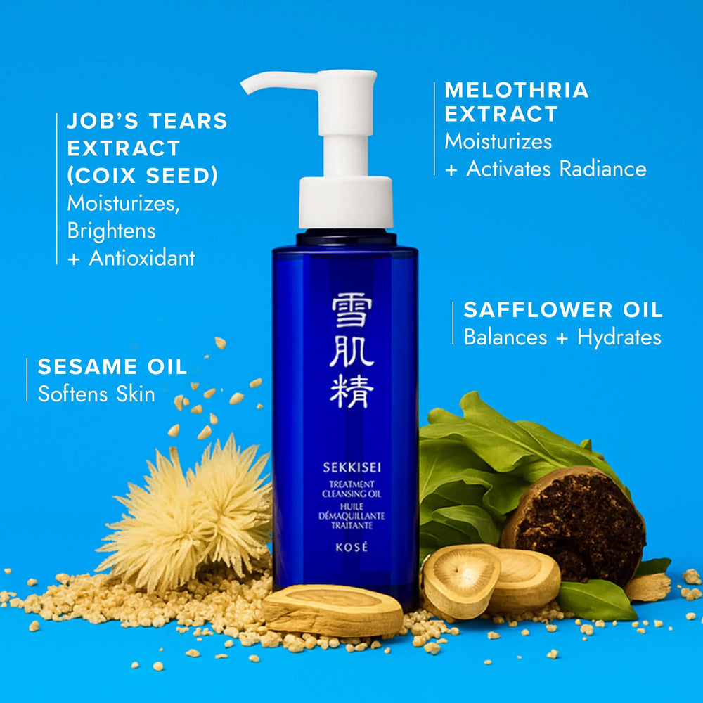 SEKKISEI cleansing oil being massaged onto dry skin for cleansing.