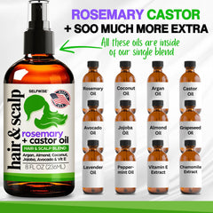 Selfwise rosemary-castor oil blend ingredients laid out for hair nourishment.