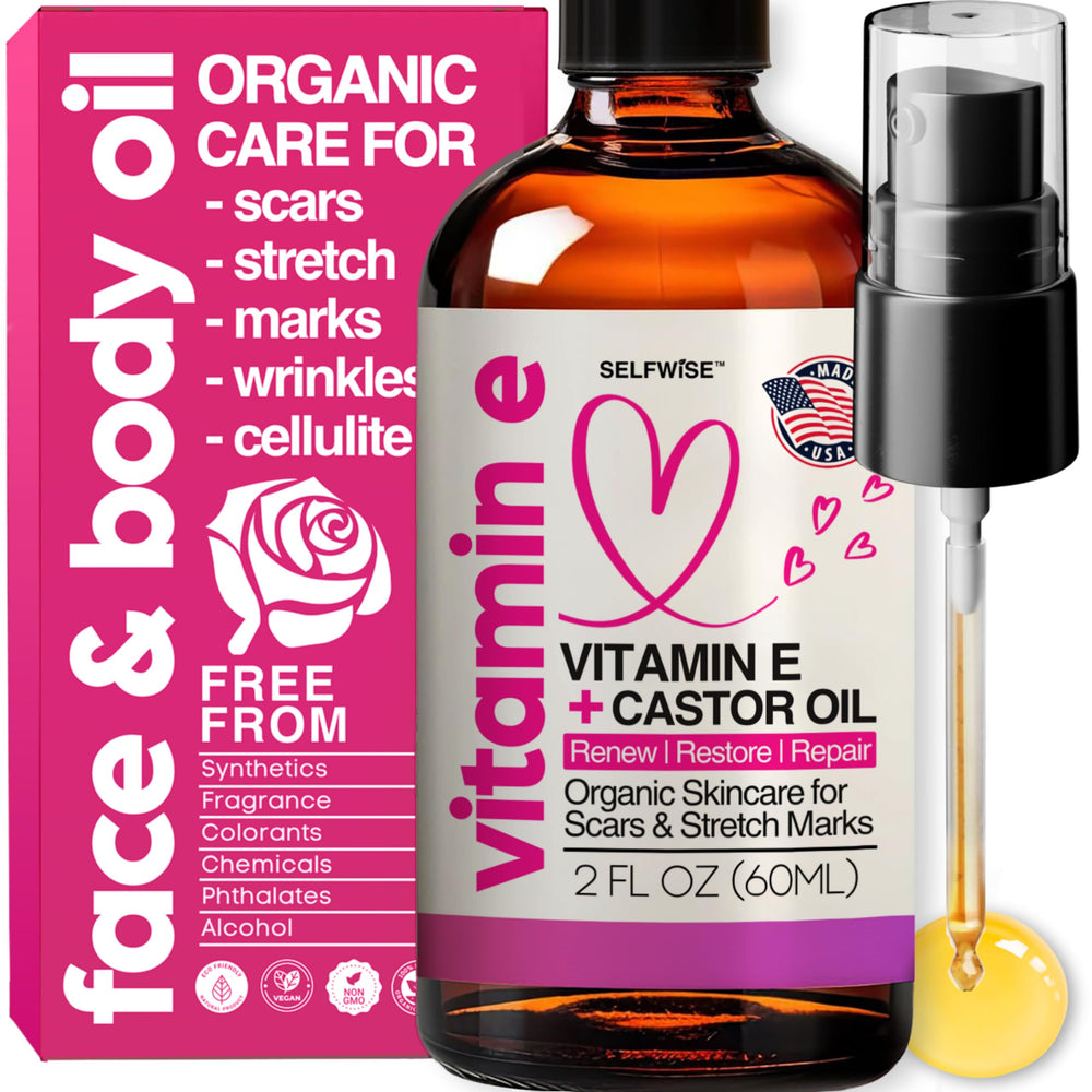 SELFWISE Organic Vitamin E Oil bottle provides deep hydration for skin.