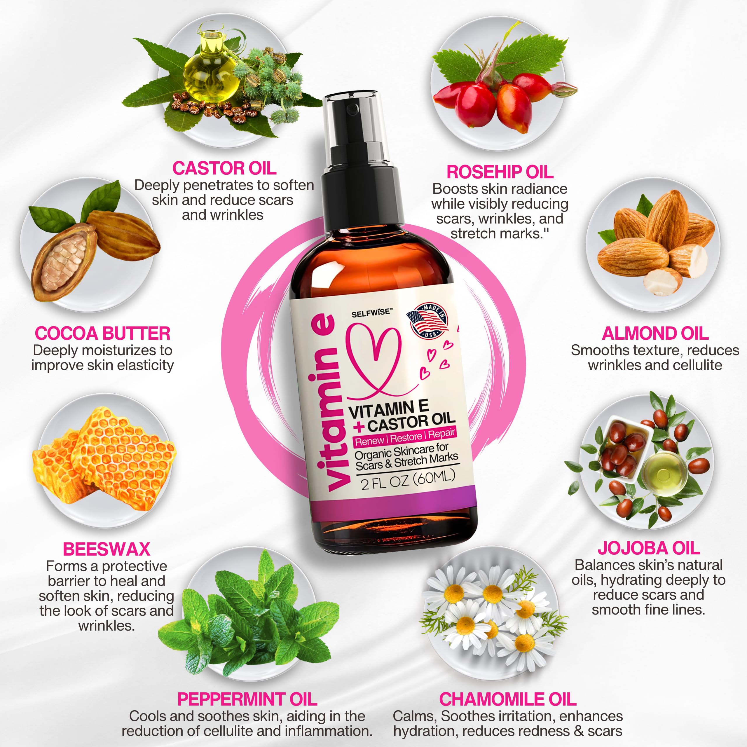 SELFWISE close-up of rosehip, jojoba, and almond oil blend for nourished skin.