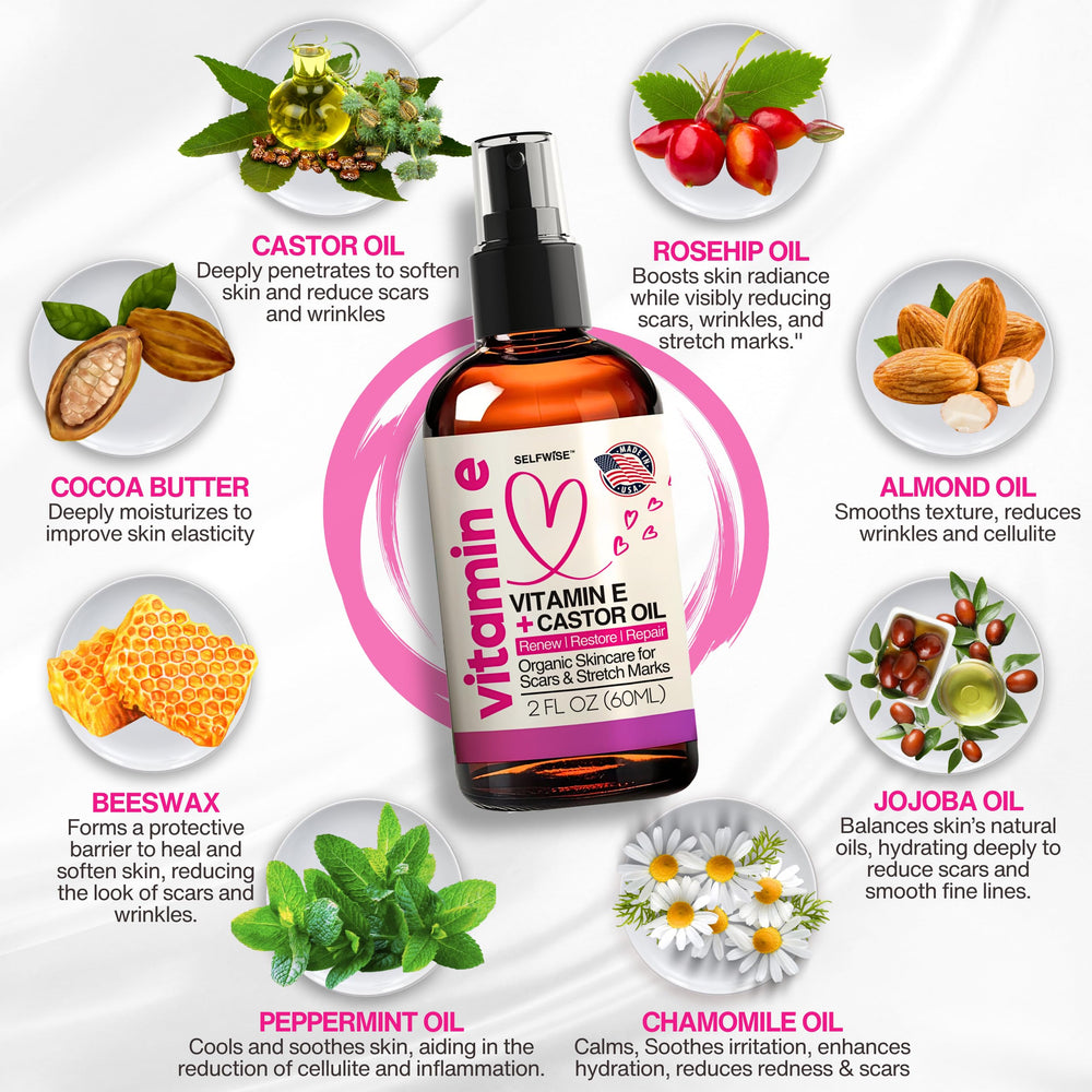 SELFWISE close-up of rosehip, jojoba, and almond oil blend for nourished skin.
