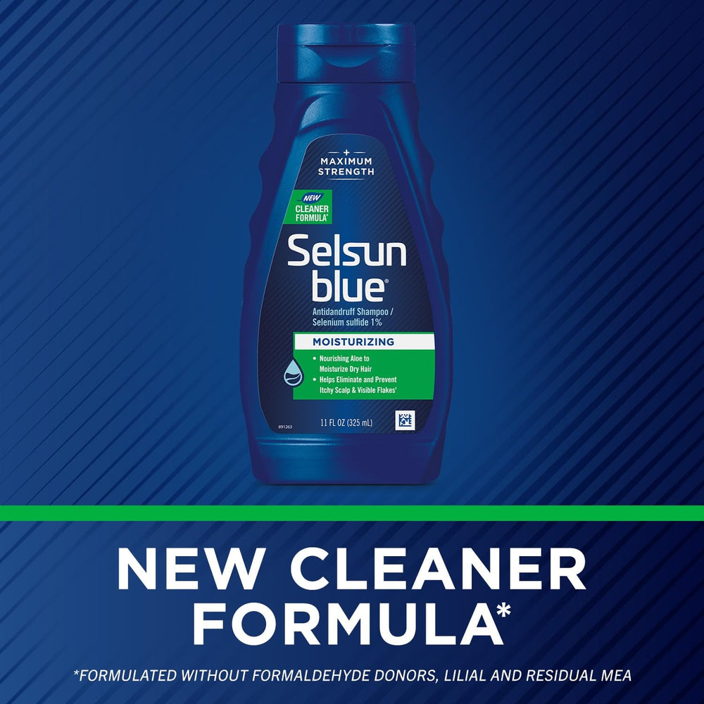 Selsun Blue 1% selenium sulfide cap emphasizes maximum strength dandruff control.