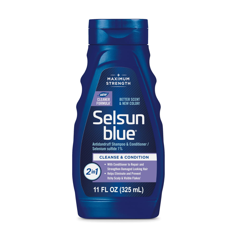 Selsun Blue bottle front view for maximum-strength dandruff control